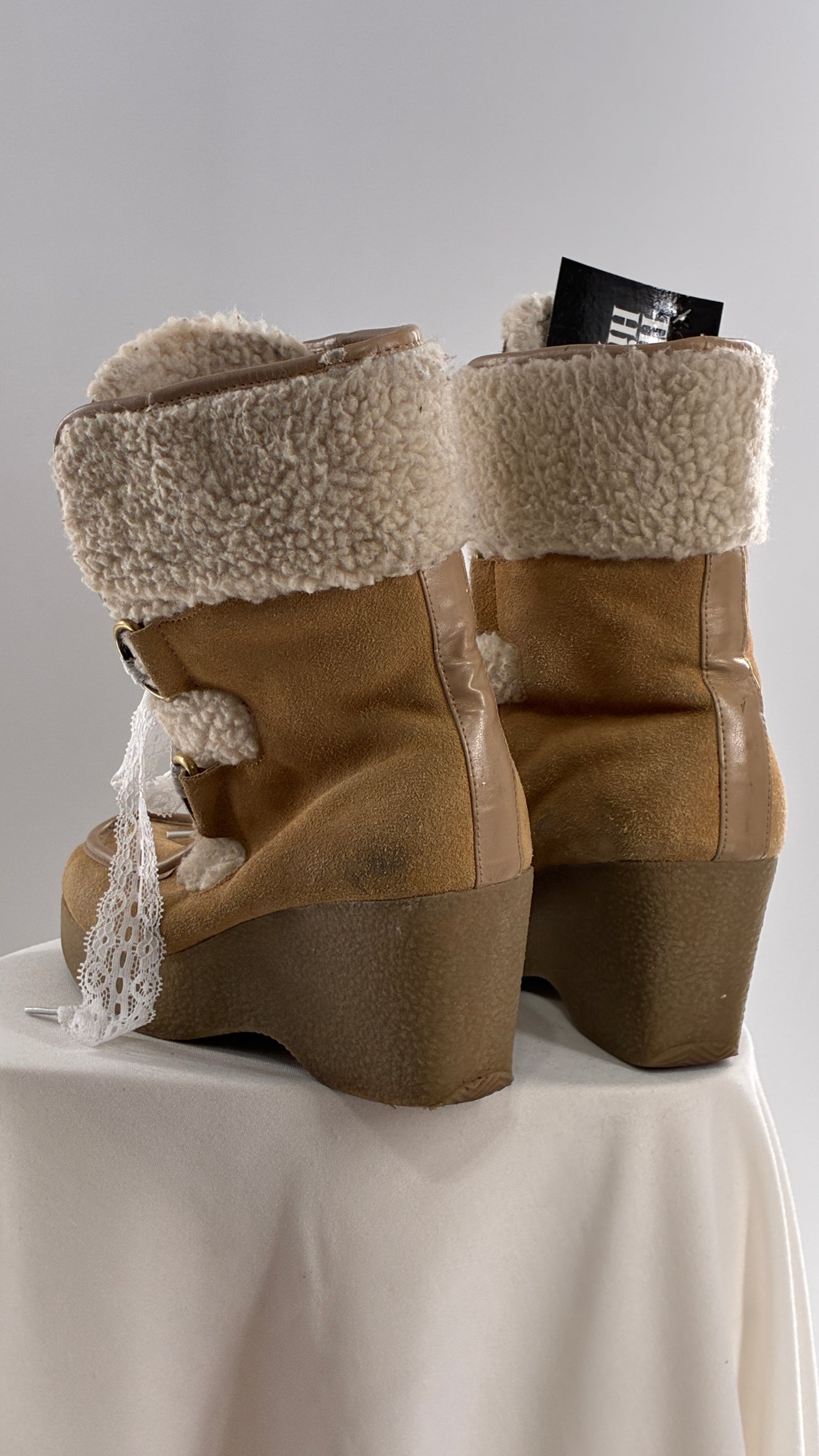 Vintage TOMMY GIRL Suede Leather Wedge Heels with Sherpa Details and Lace Trim Laces (8)