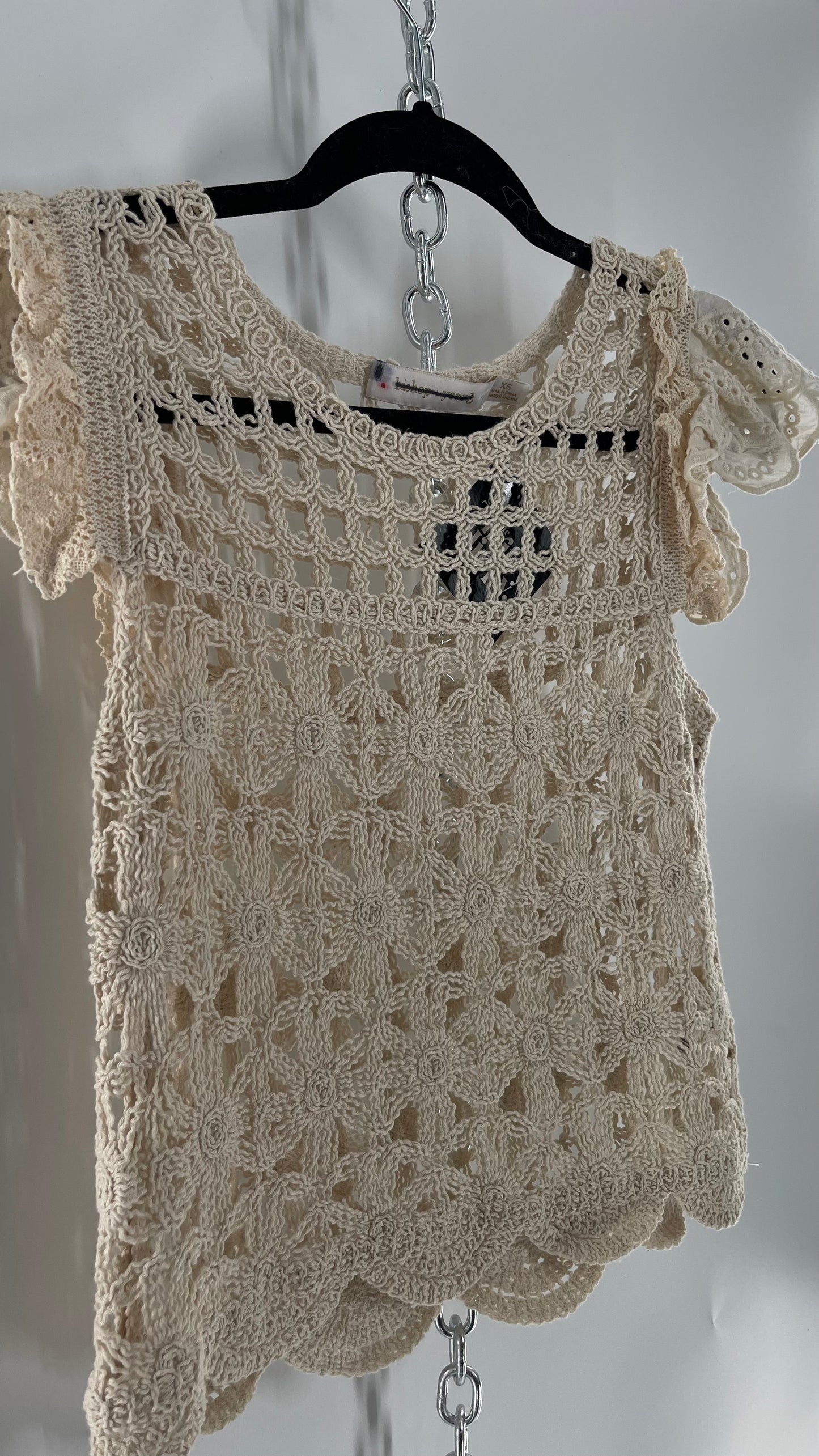 Bishop + Young Anthropologie Crochet Tank with Scalloped Hem and Lace Lined Sleeves (Small)