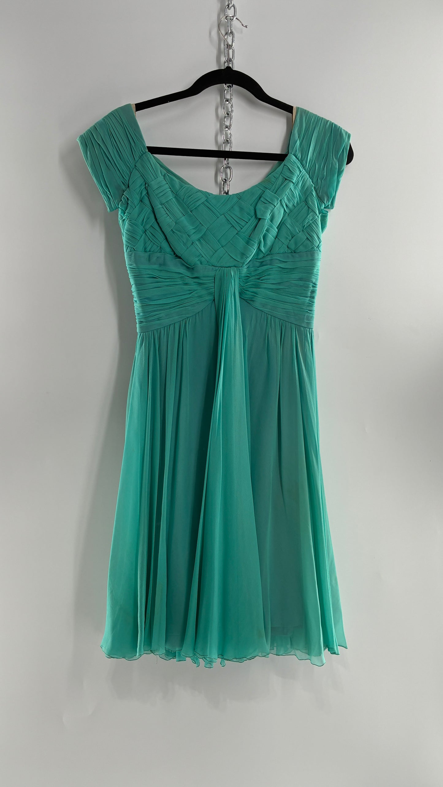 Vintage Teal Handmade Mini Dress with Pleated Basket Woven Bust (XS)