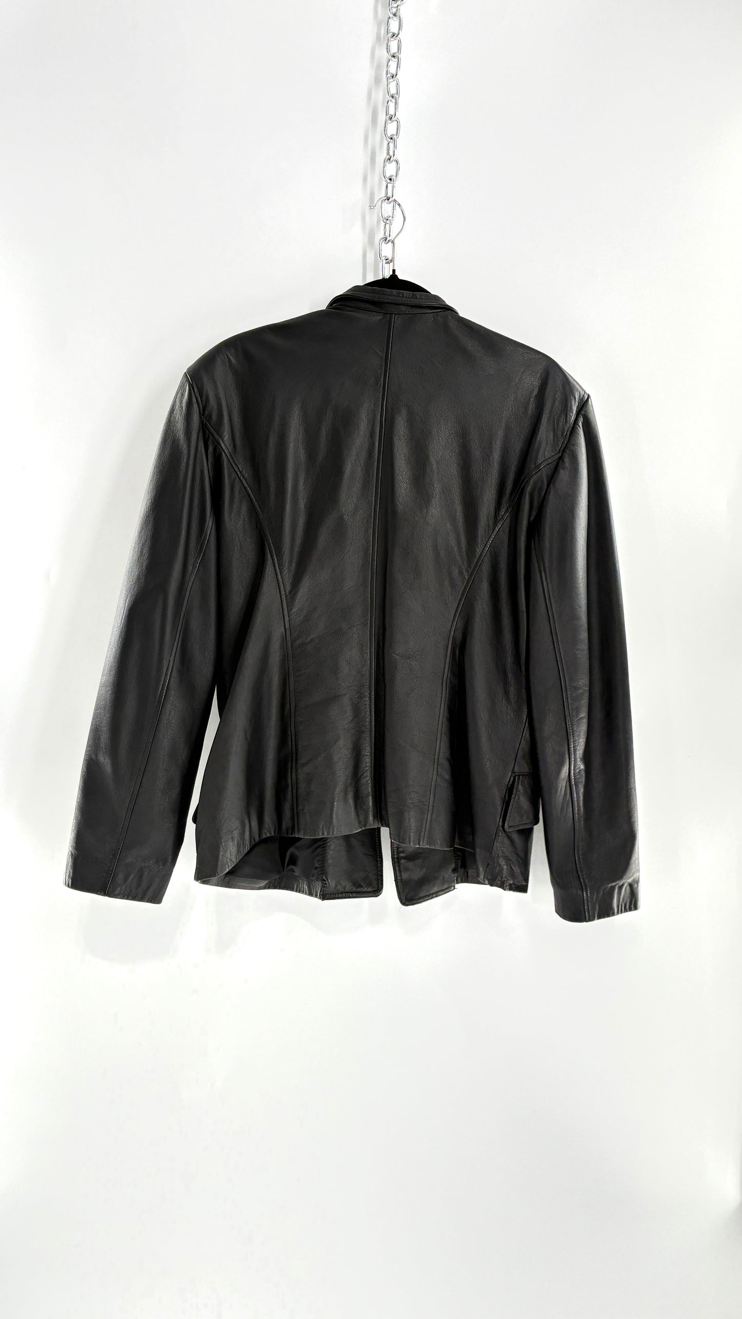 Vintage Virginia Slims Black Genuine Leather Military Jacket with Double Breasted Embossed Buttons (Large)