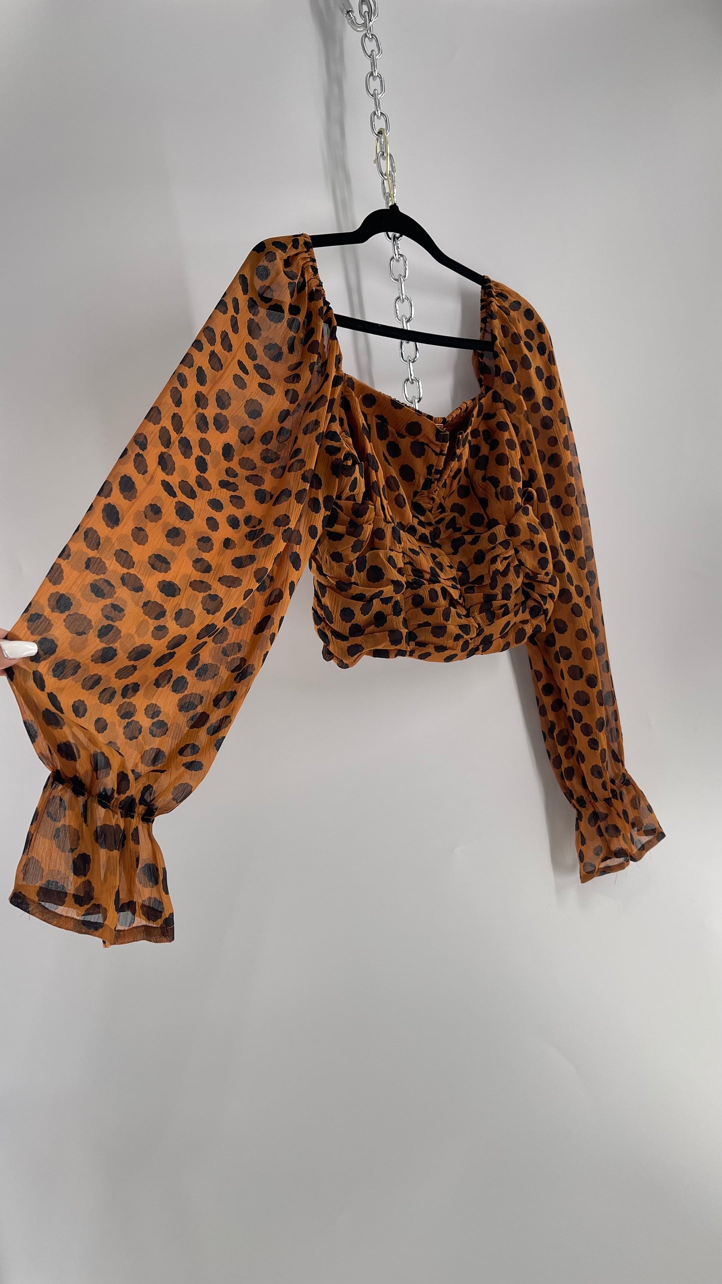 Free People Brown Black Animal Print Blouse with Ruched Bodice and Tags Attached (Large)