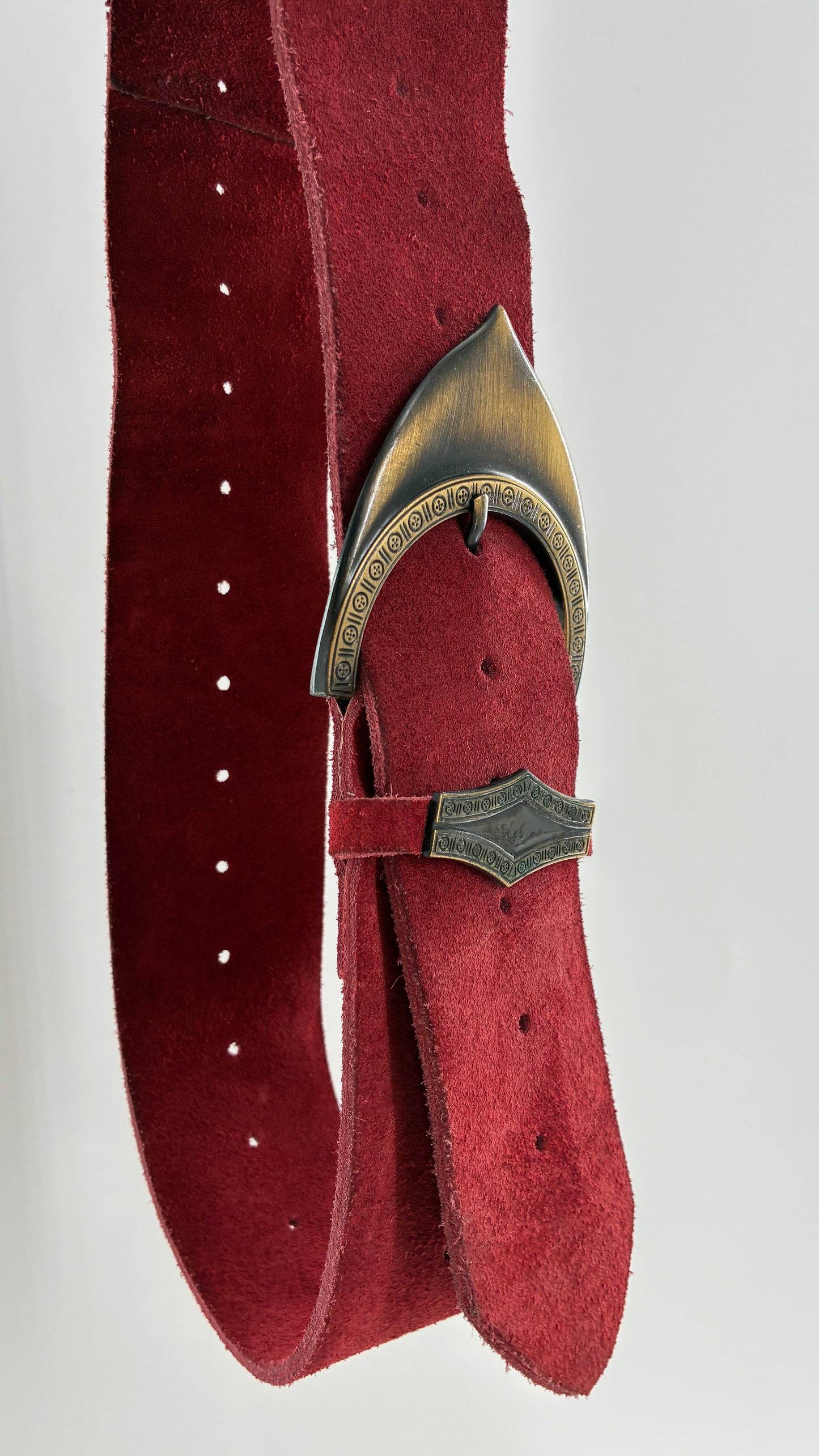 Genuine Suede Leather Maroon Red Belt w Oversized Engraved Buckle