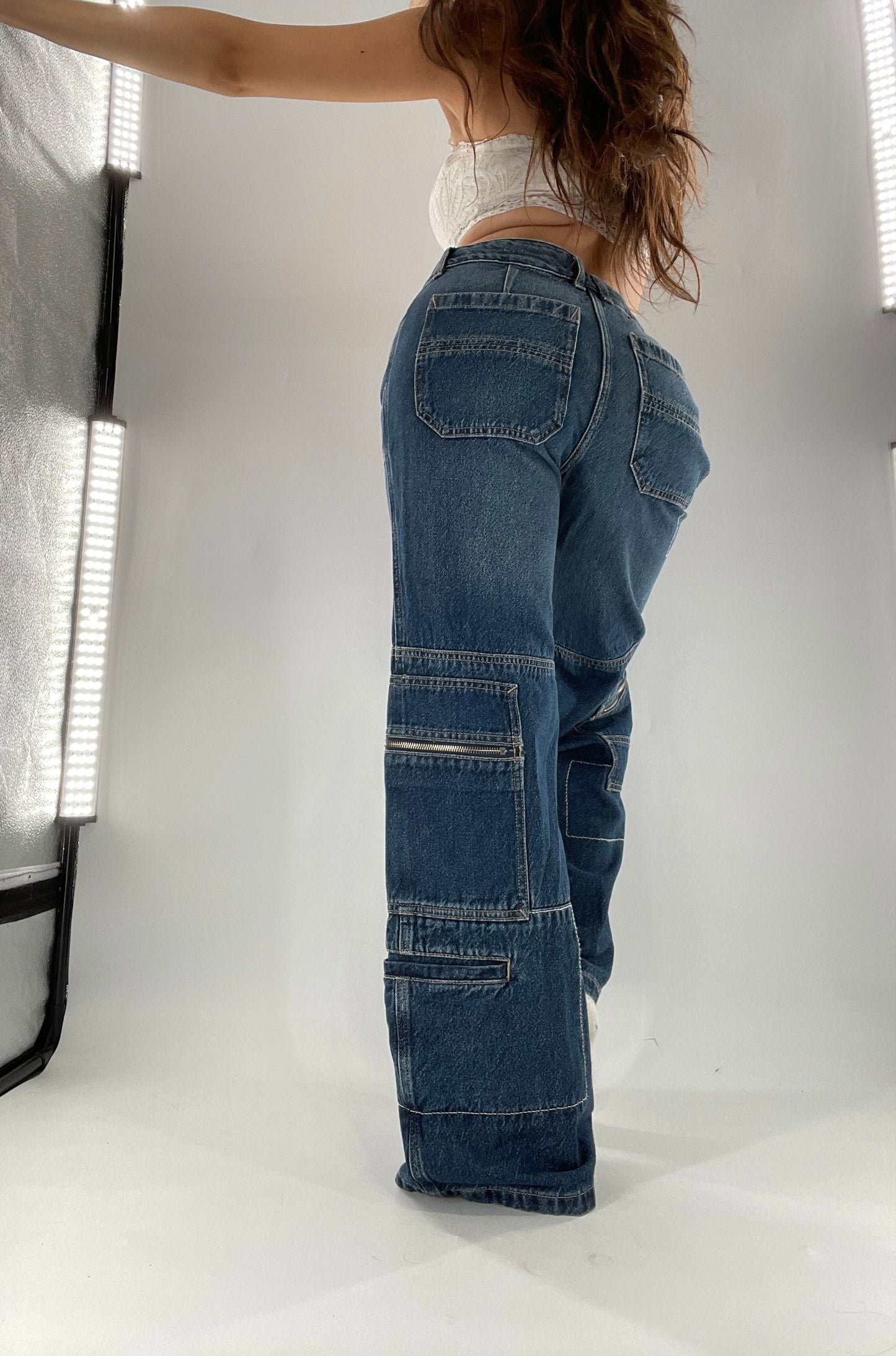Free People Medium Wash Baggy Straight Legs Jeans Covered in Zippers, Pockets, Stitching (28)