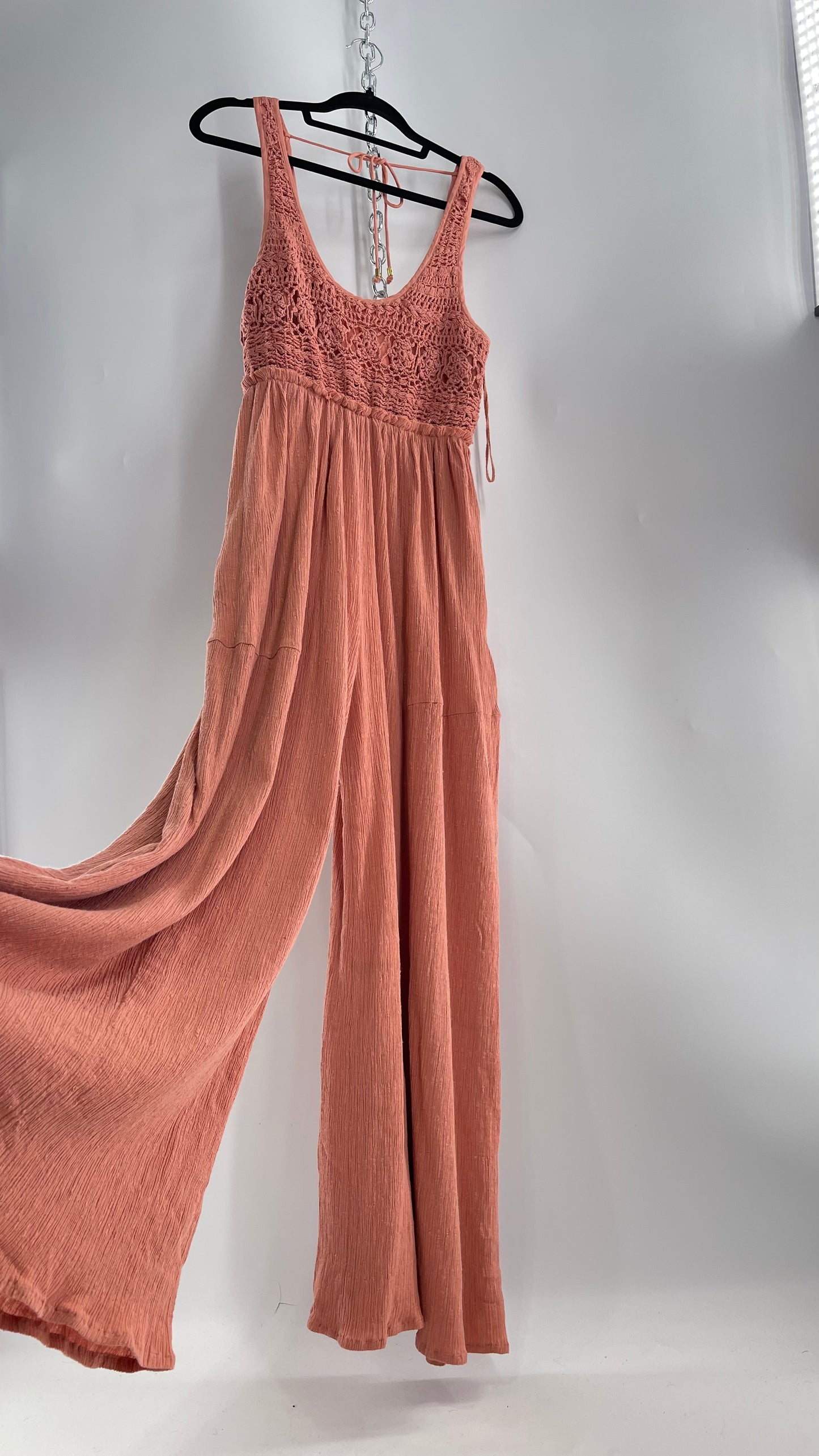 Free People Rose/Peach Pink Wide Leg Jumpsuit with Crochet Bust and Tags Attached (XS)