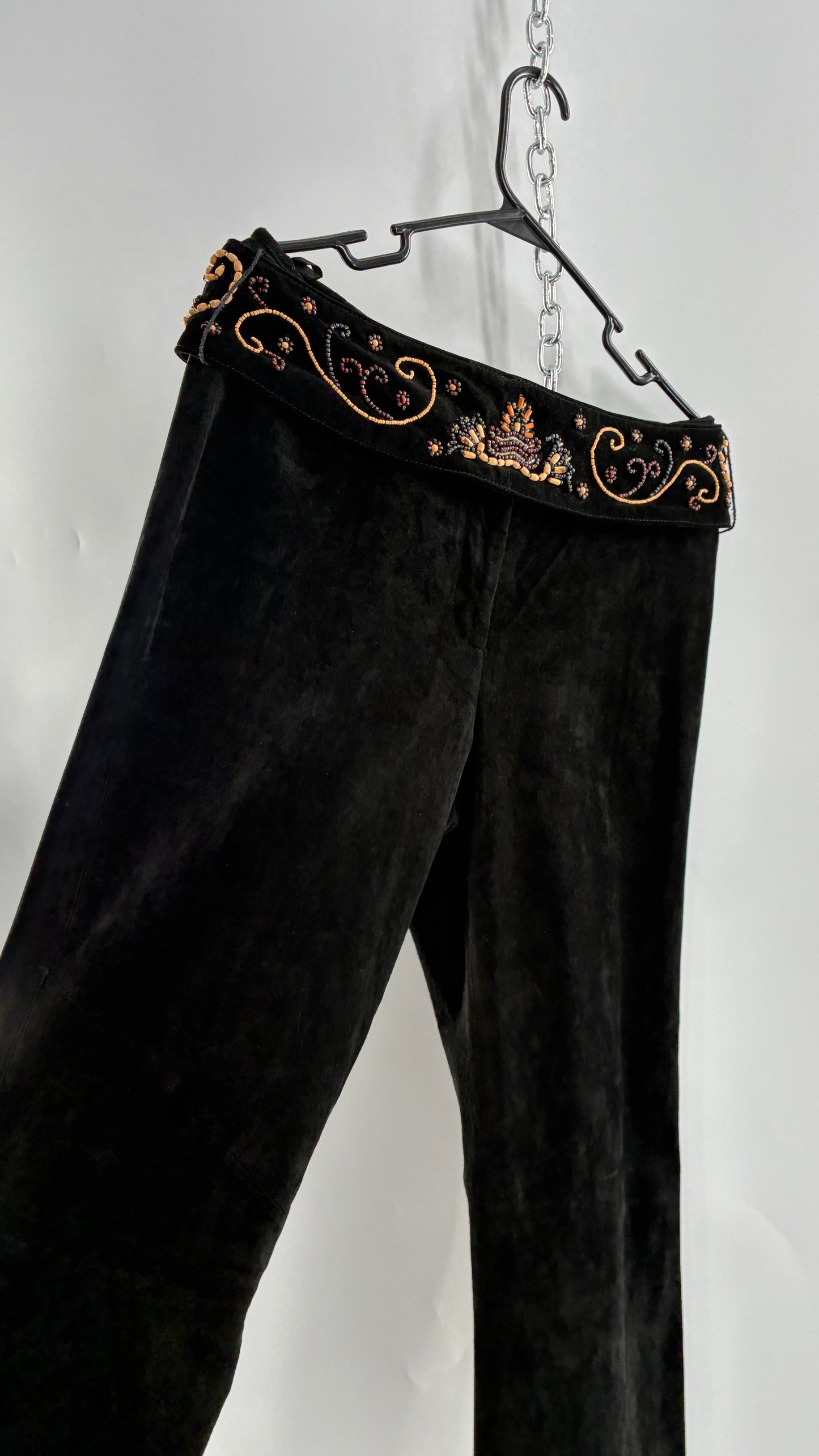 Vintage Margaret Godfrey Black Genuine Suede Leather Kick Flares with Wide Beaded Belt (10)