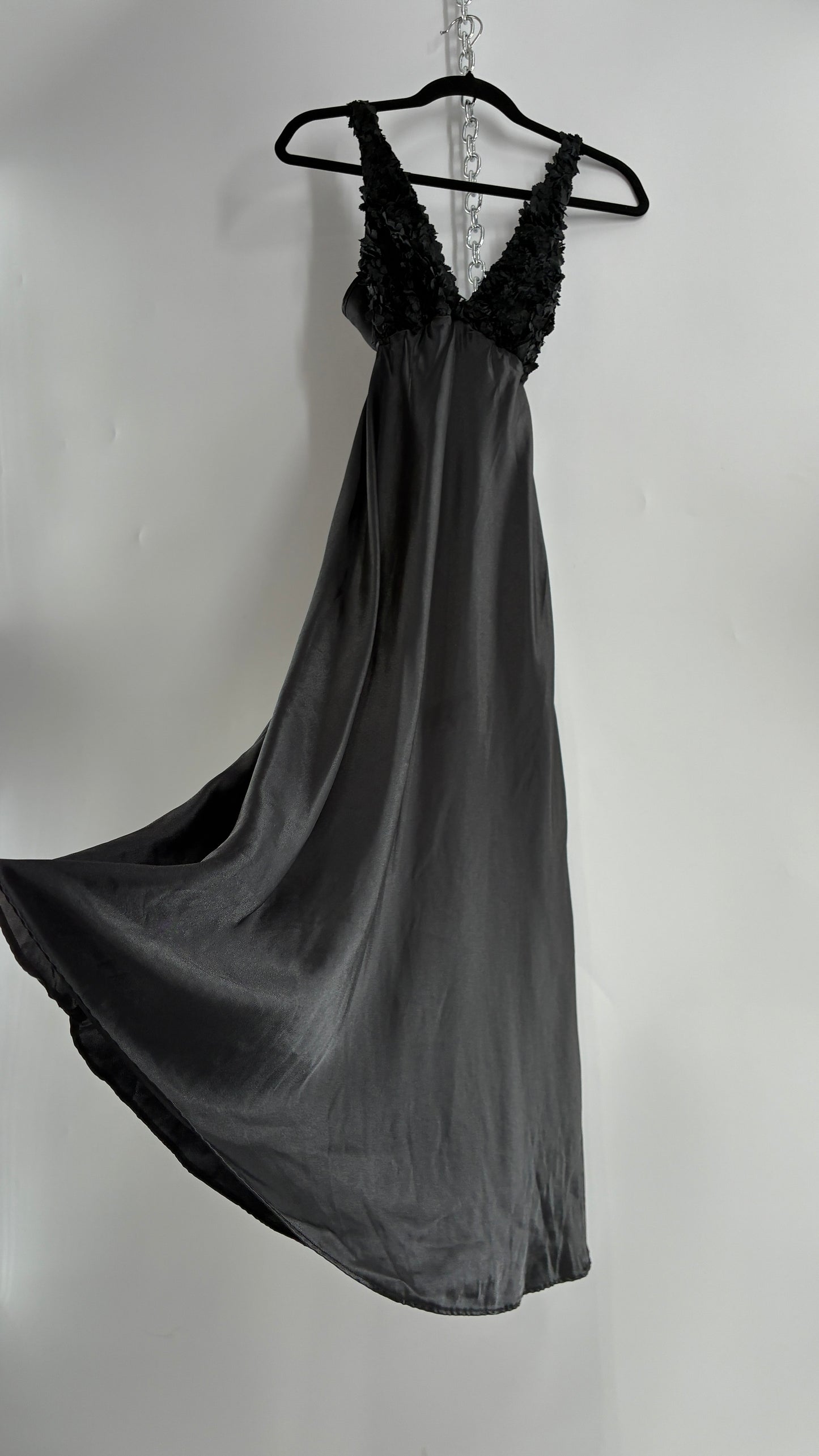 Vintage FLORA Black Slip Gown with Textured Floral Bust (Small)