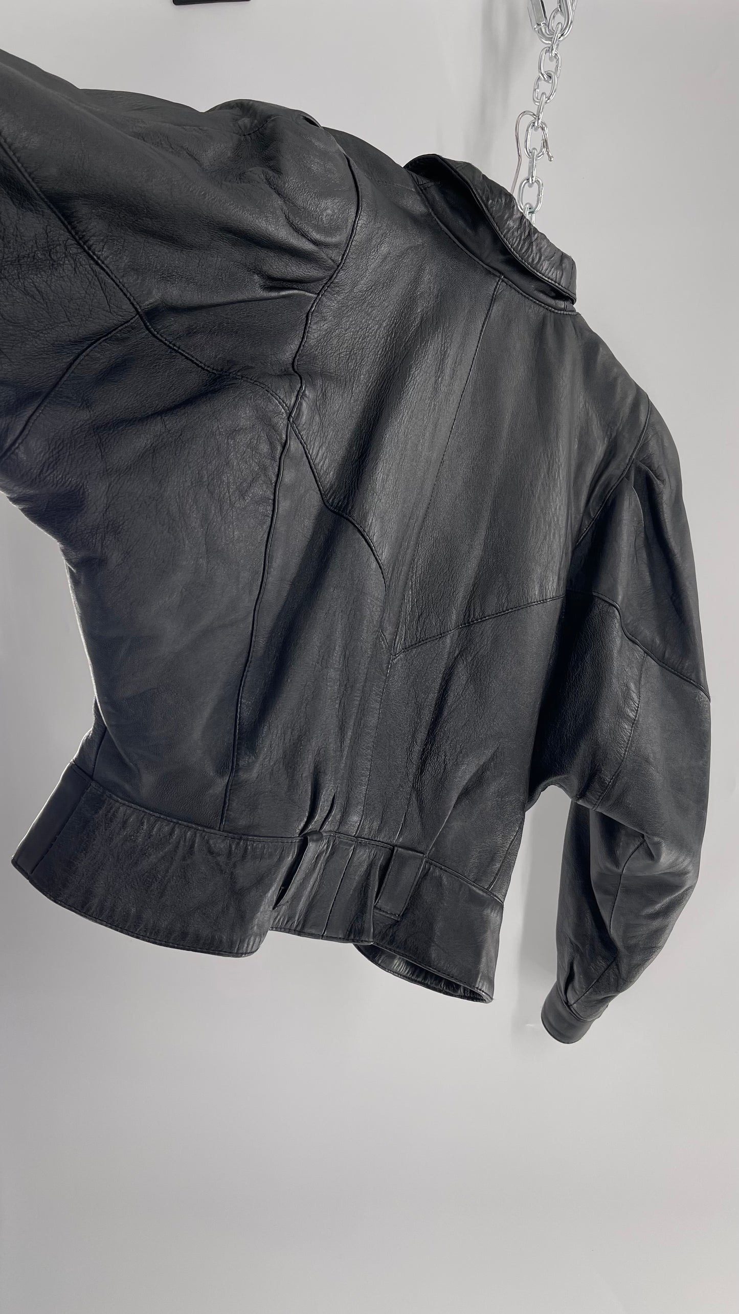 Vintage Black Leather Cropped Motorcycle Jacket (Medium)