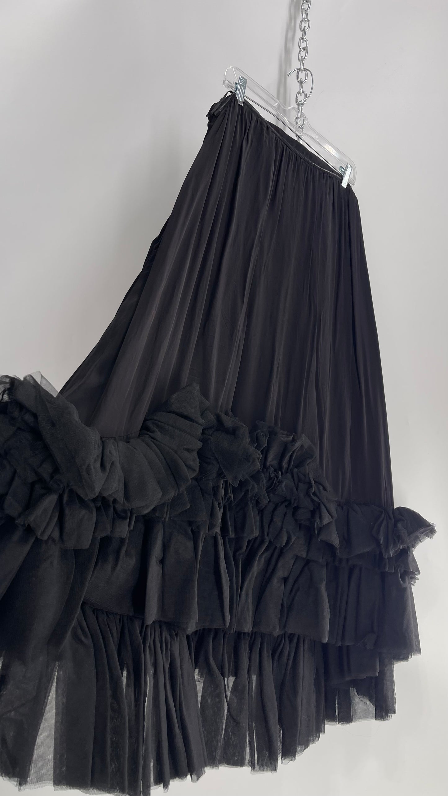 Anthropologie Black Voluminous Full Gown with Pleated Tulle Hemline Detail (M/L)