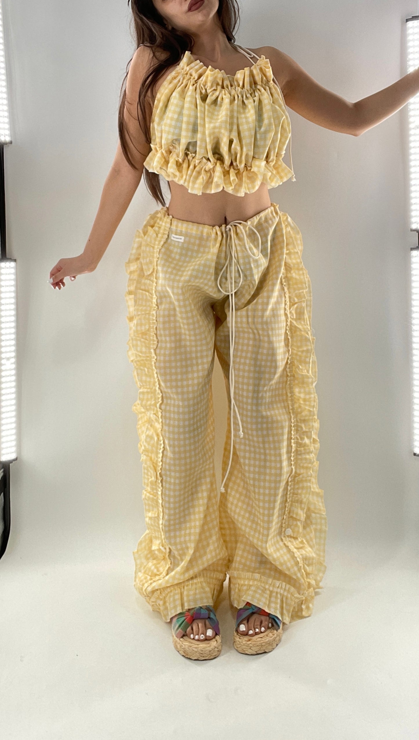 Vintage 2 Piece Yellow Checkered/Gingham Patterned Picnic Set with Ruched Bust Top and Ruffle Side Wide Legs with Adjustable Length, Strap Up Buttons on Hem (One Size)