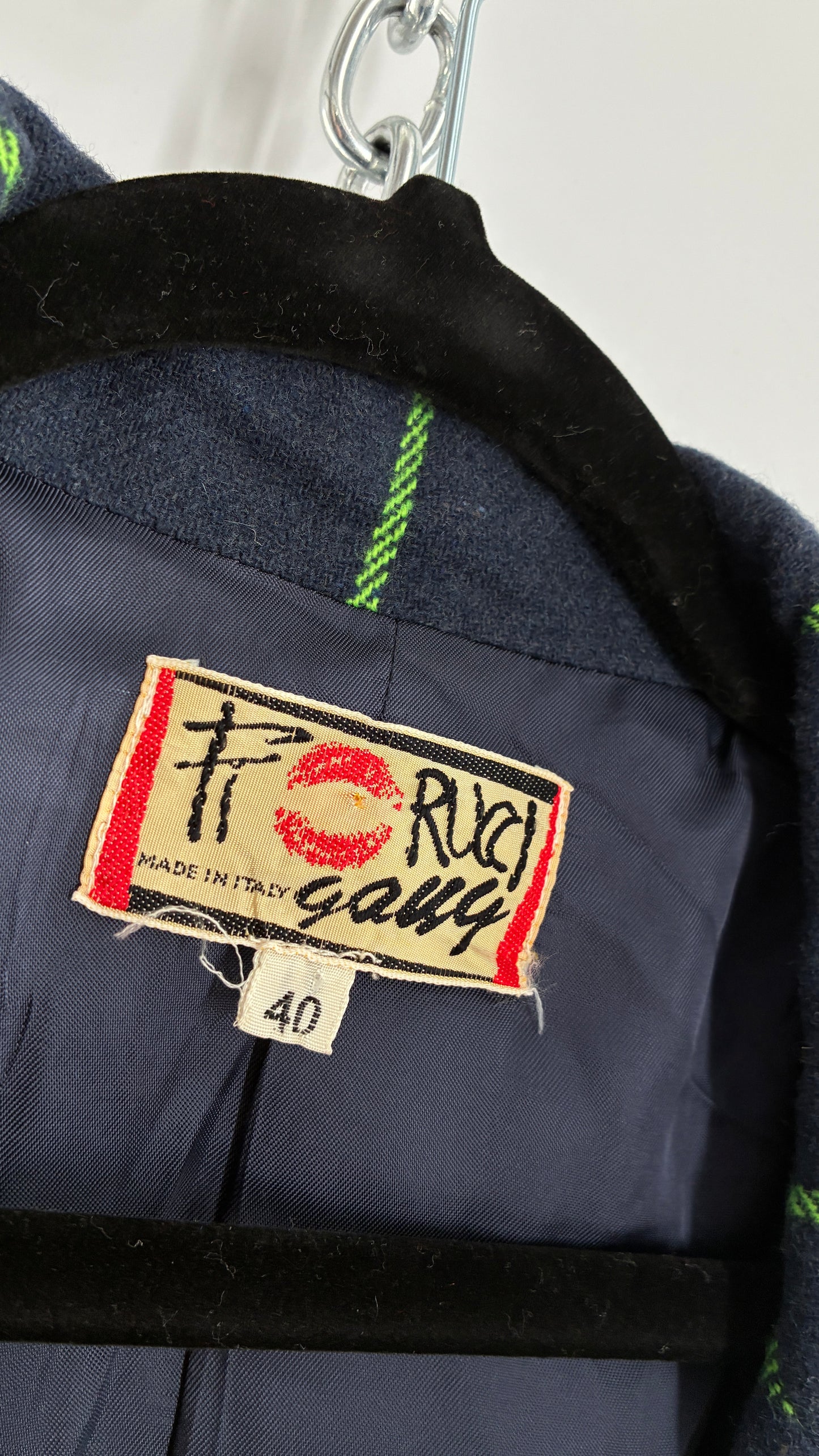 Vintage FIORUCCI GANG Navy and Neon Green Plaid Suit Set with Cropped Blazer and Mini Skirt (40,42)
