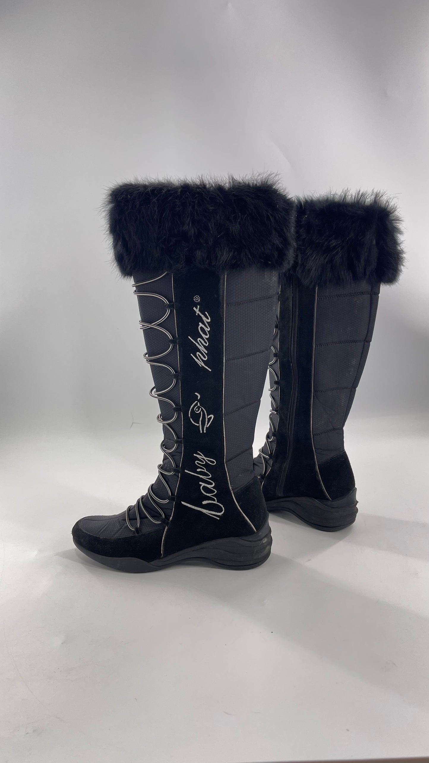 Baby Phat Black Knee High Boots with Rabbit Fur Trim, Bungee Cord Ties, and Embroidered Logo Design (8)