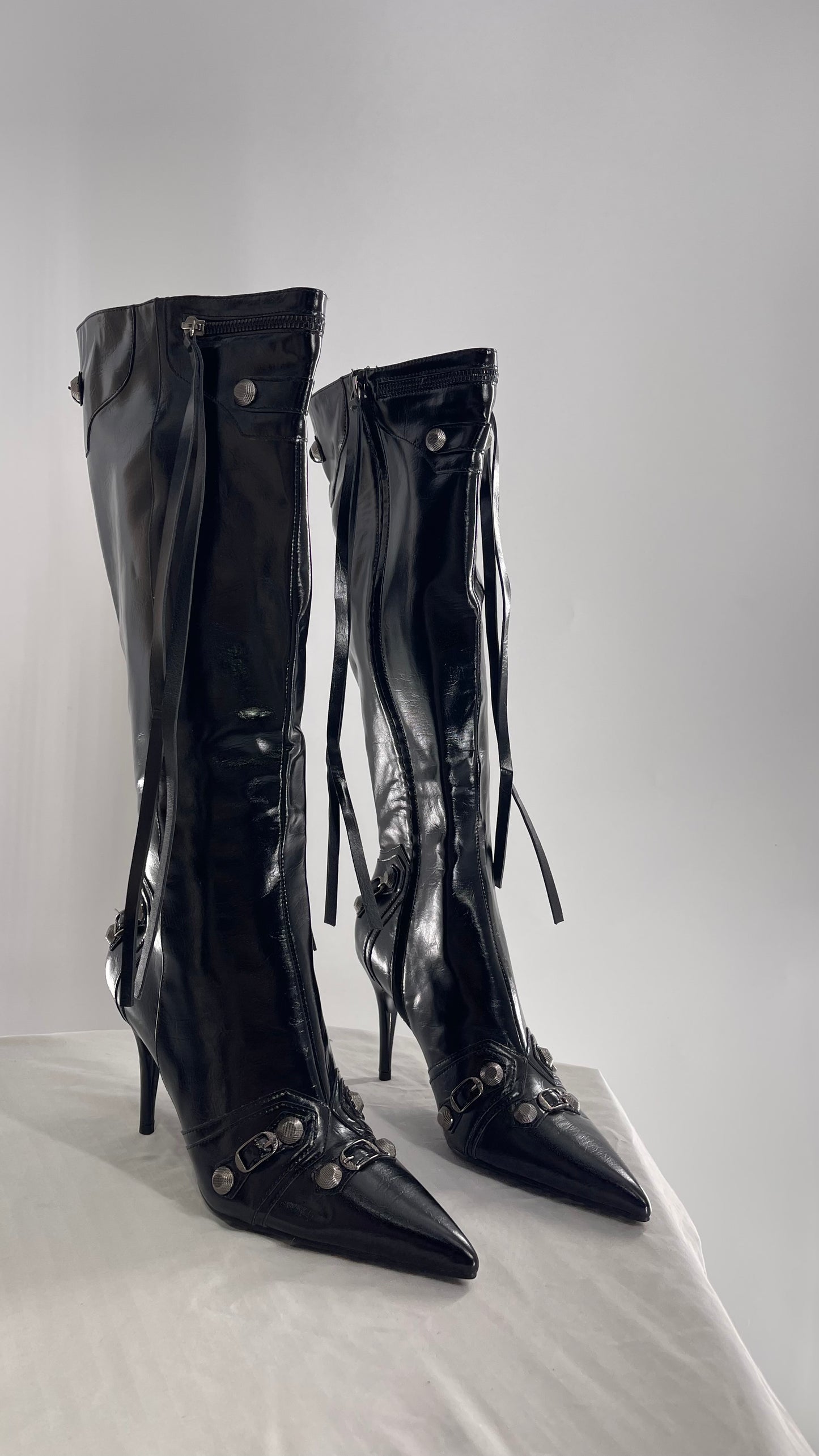 Black Pointed Toe Strappy Heeled Knee High Boots with Metal Hardware Details (10)