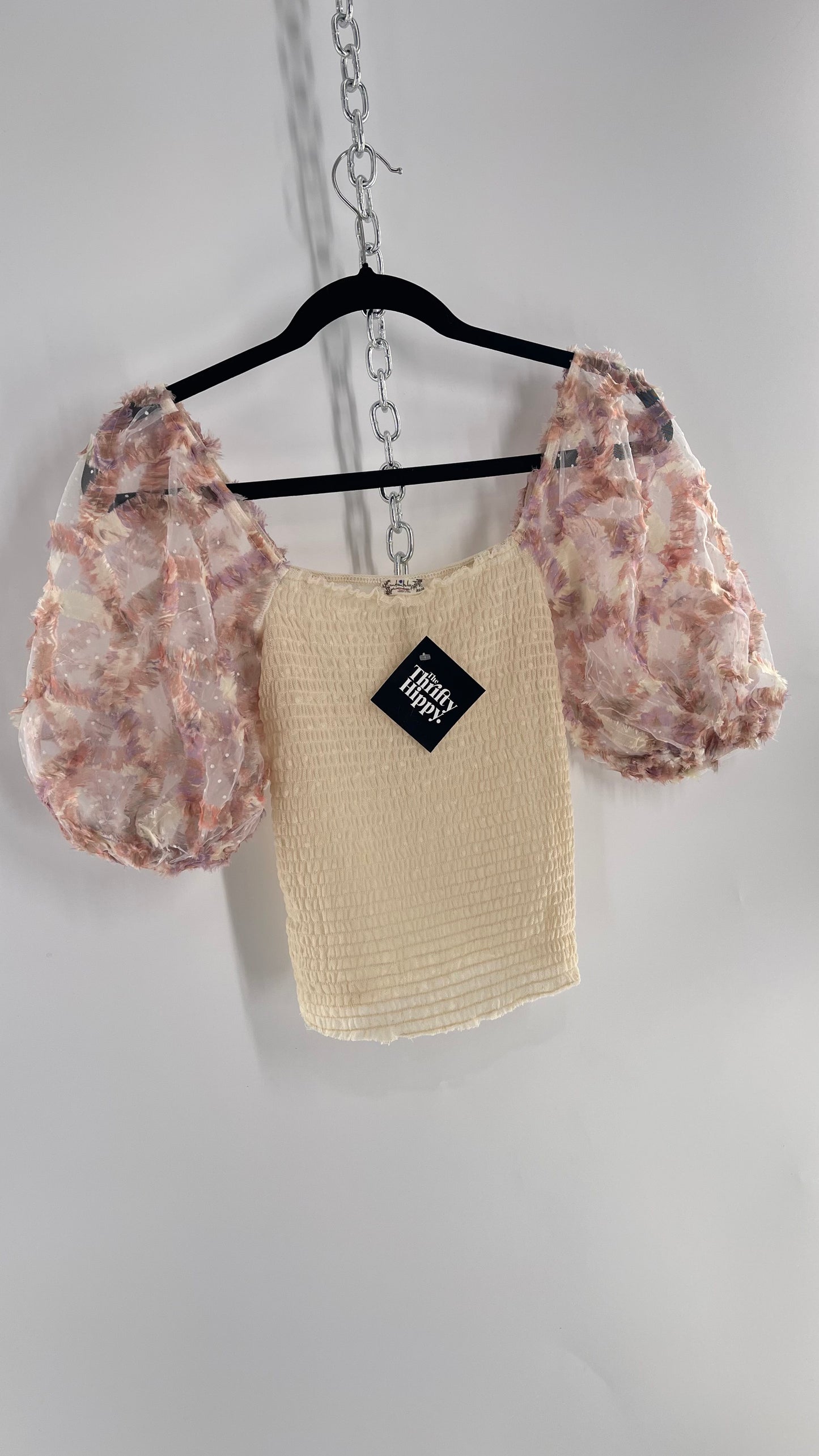 Free People Flower Girl Delicate Romantic Puff Sleeve Top with Smocked Mesh Body (Small)