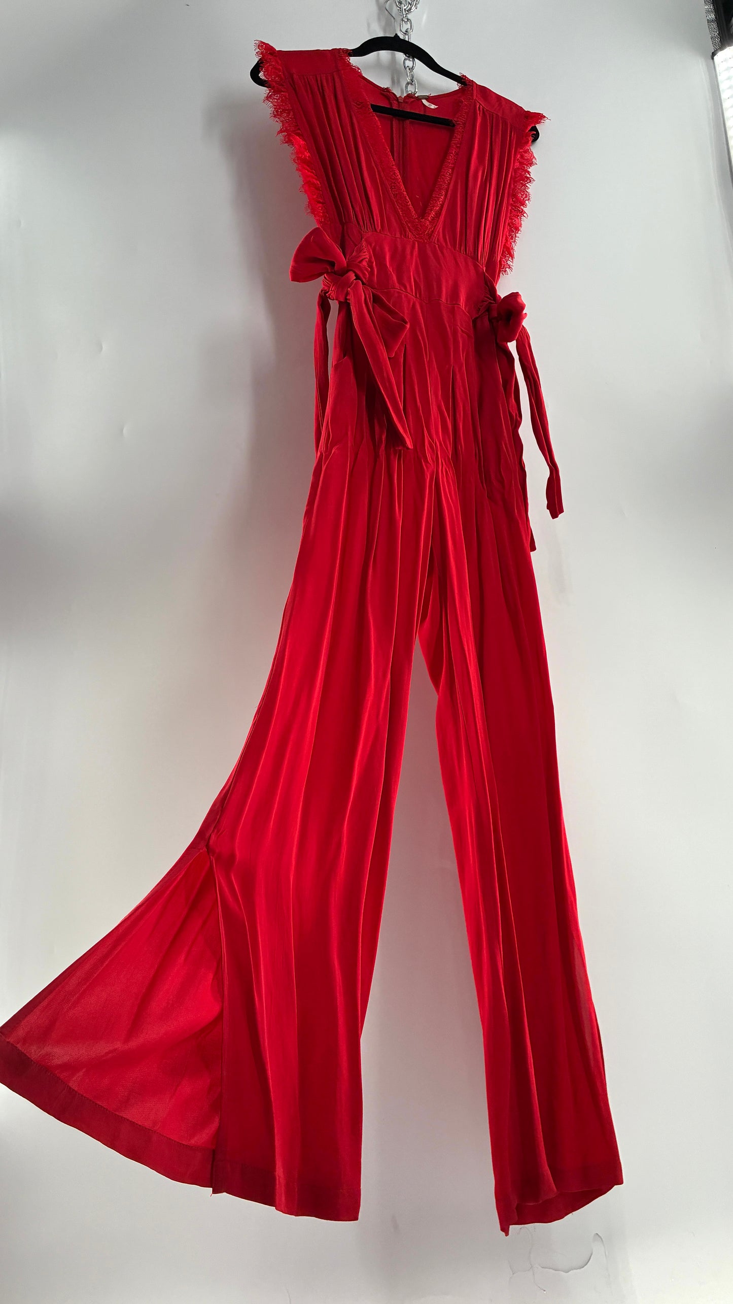Free People Red Jumpsuit with Waist Ties and Scalloped Lace Details (2)