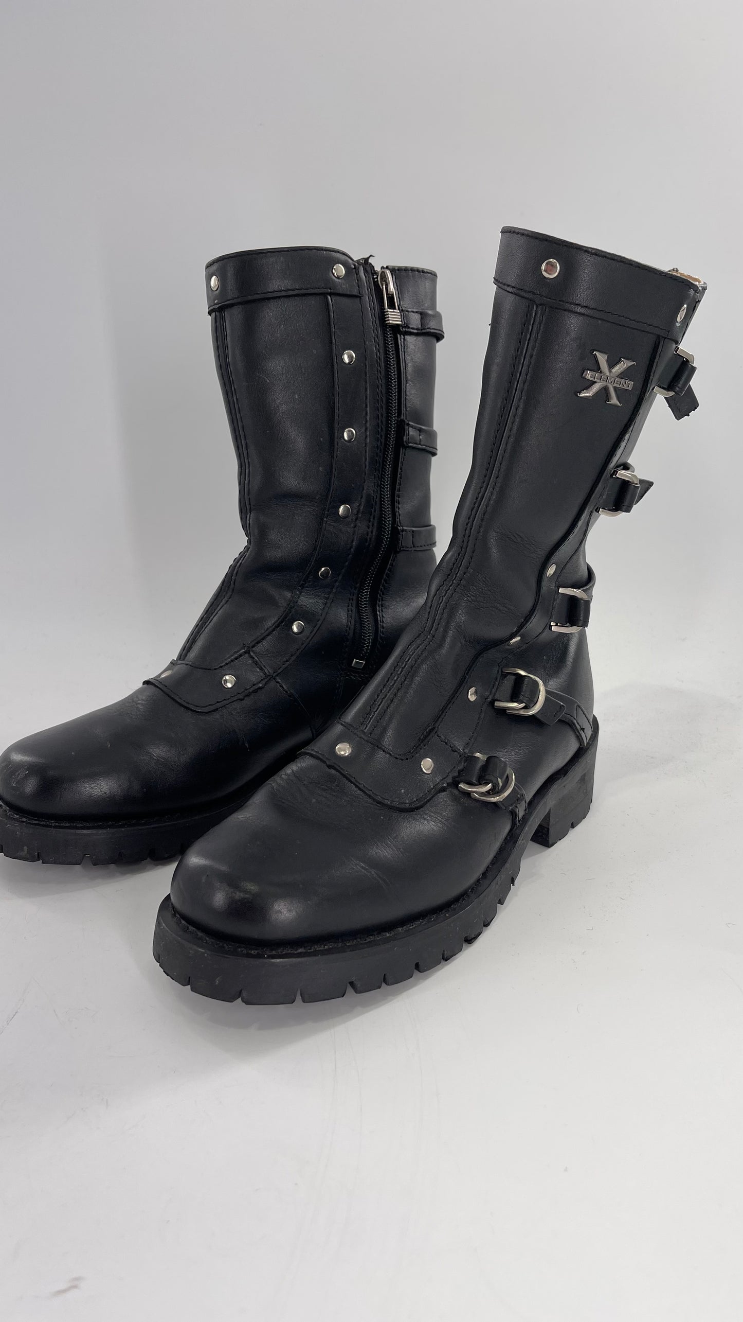 Vintage 1990s XELEMENT Buckle Side Genuine Leather Steam Punk Boots (Women’s 8.5)