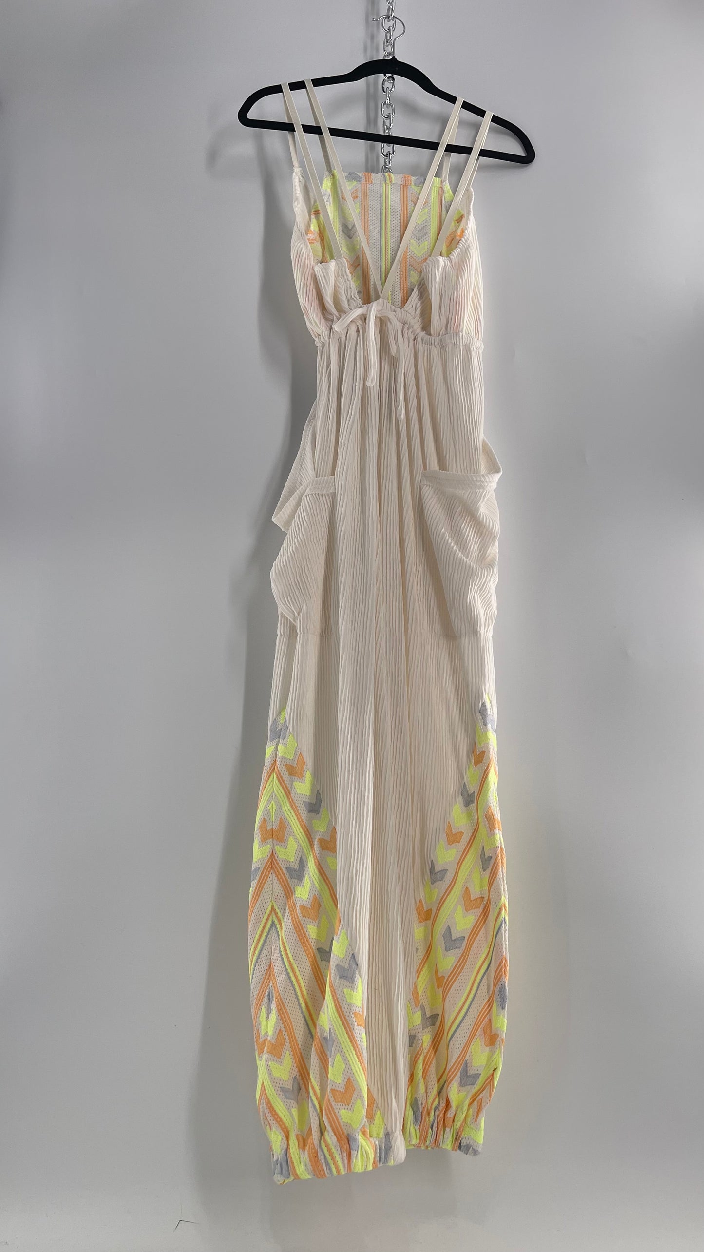 Free People Movement Cream Ribbed Jumpsuit with Yellow/Orange Embroidered Details and Waist Cinching Drawstring (Small)