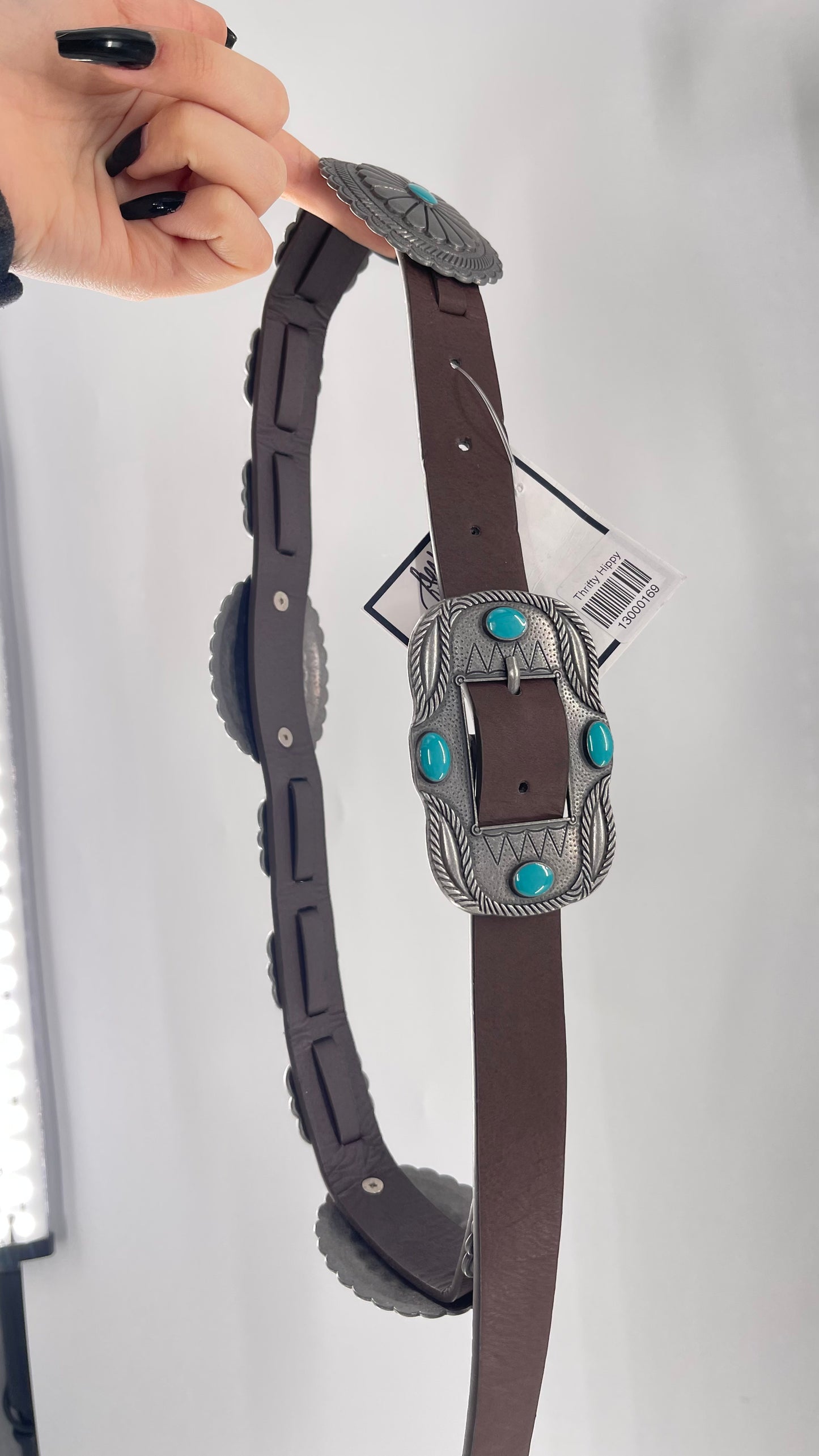 Free People Brown Leather Belt with Heavy Duty Metal Engraved (Small)