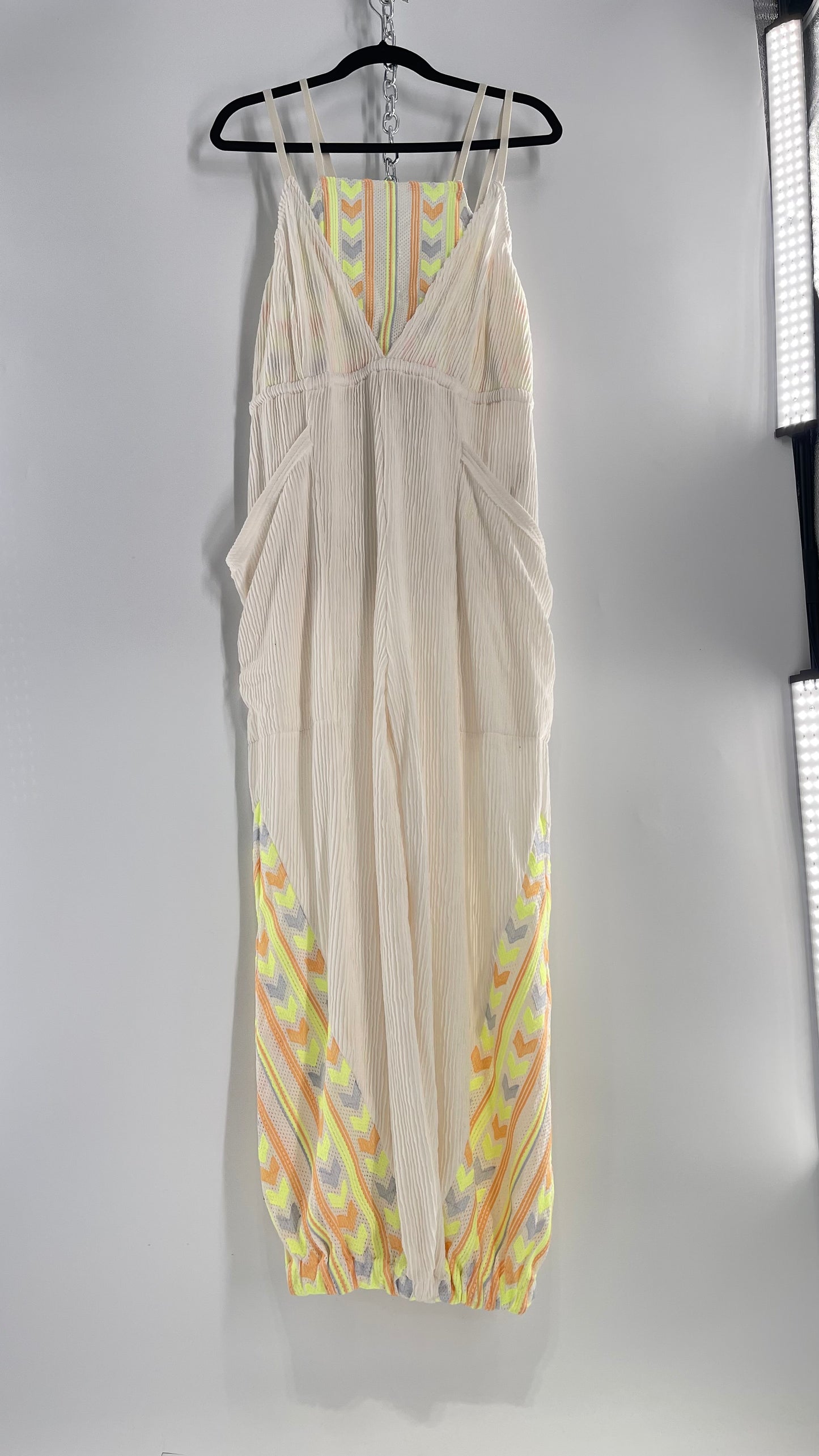 Free People Movement Cream Ribbed Jumpsuit with Yellow/Orange Embroidered Details and Waist Cinching Drawstring (Small)