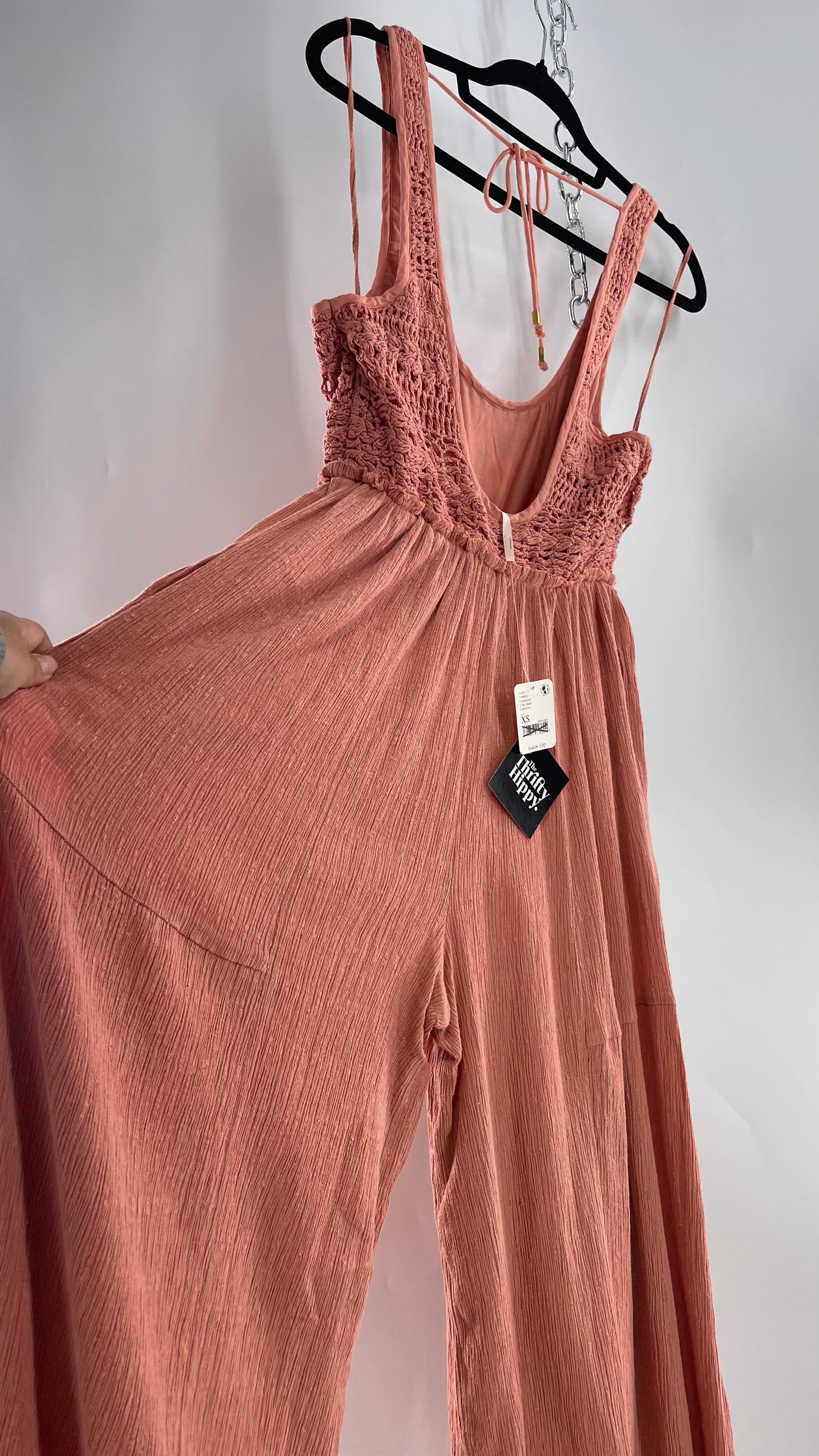 Free People Rose/Peach Pink Wide Leg Jumpsuit with Crochet Bust and Tags Attached (XS)