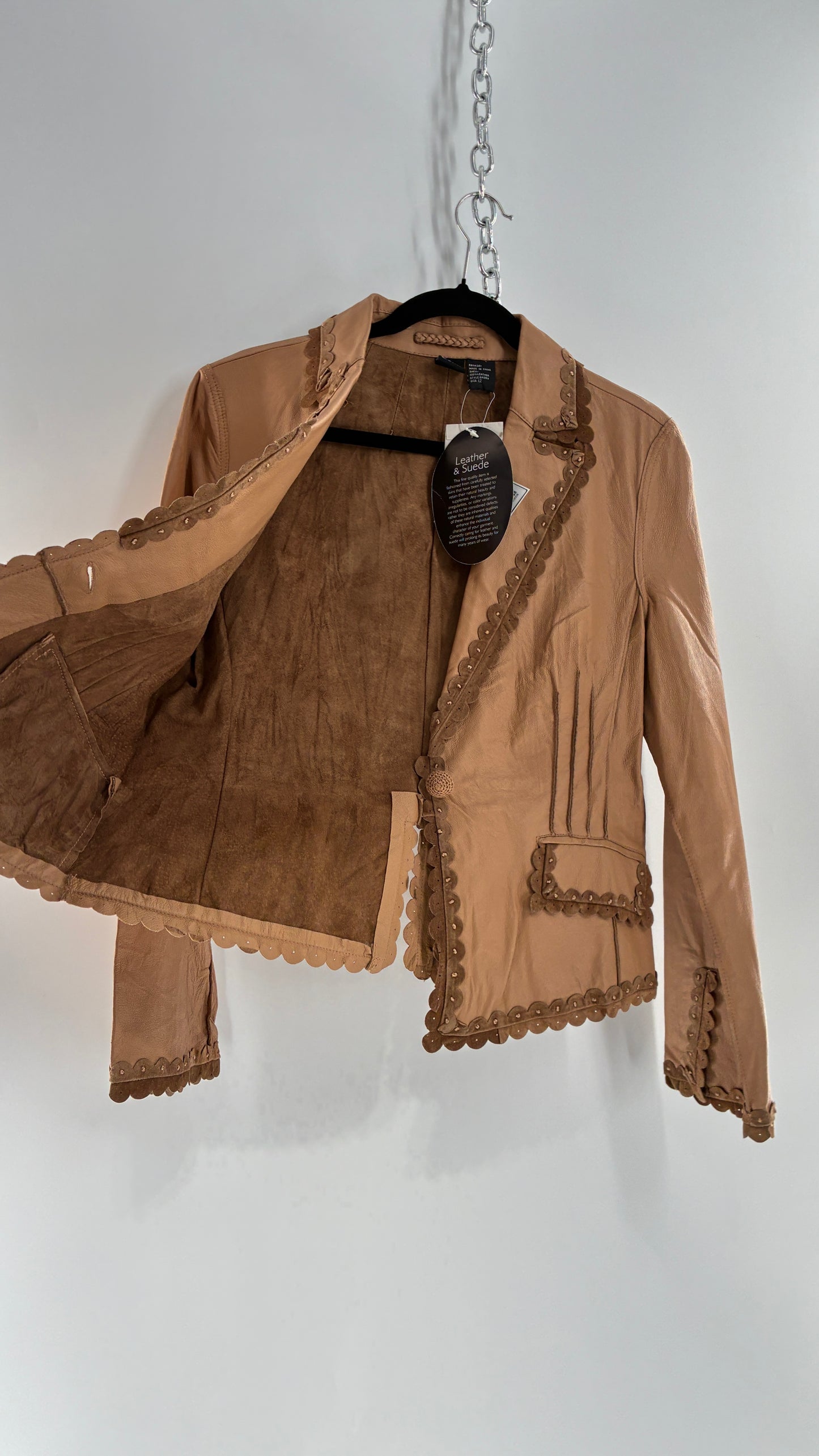 RARE Deadstock Vintage Cami Brown Thin Leather Jacket with Suede Scalloped Trim (12)