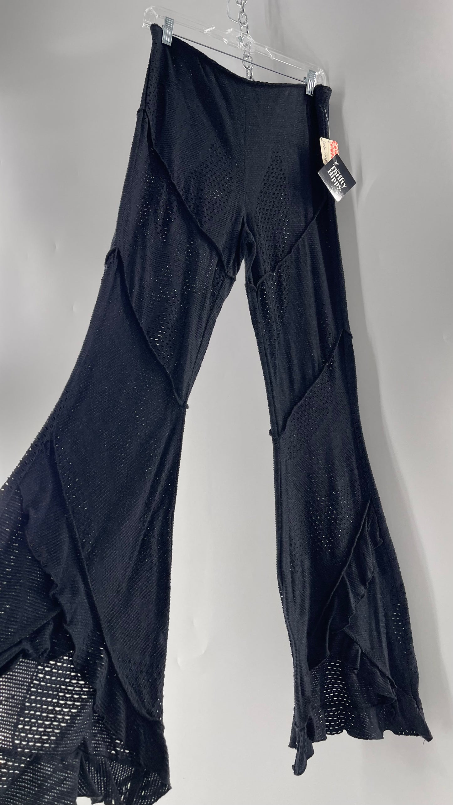 Free People Black Midnight Grey Mixed Pattern Kickflares with High Low Hem, Exposed Seams and Distressing Tags Attached (Medium)
