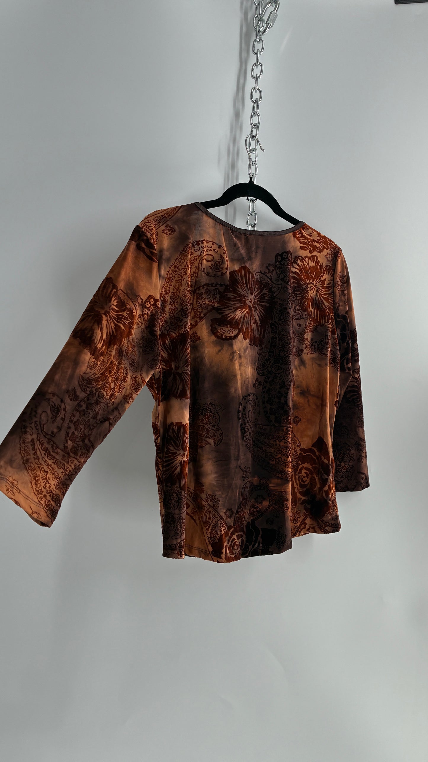 1990s Vintage SAMI + JO Velvet Burnout Brown and Orange Top (XL)