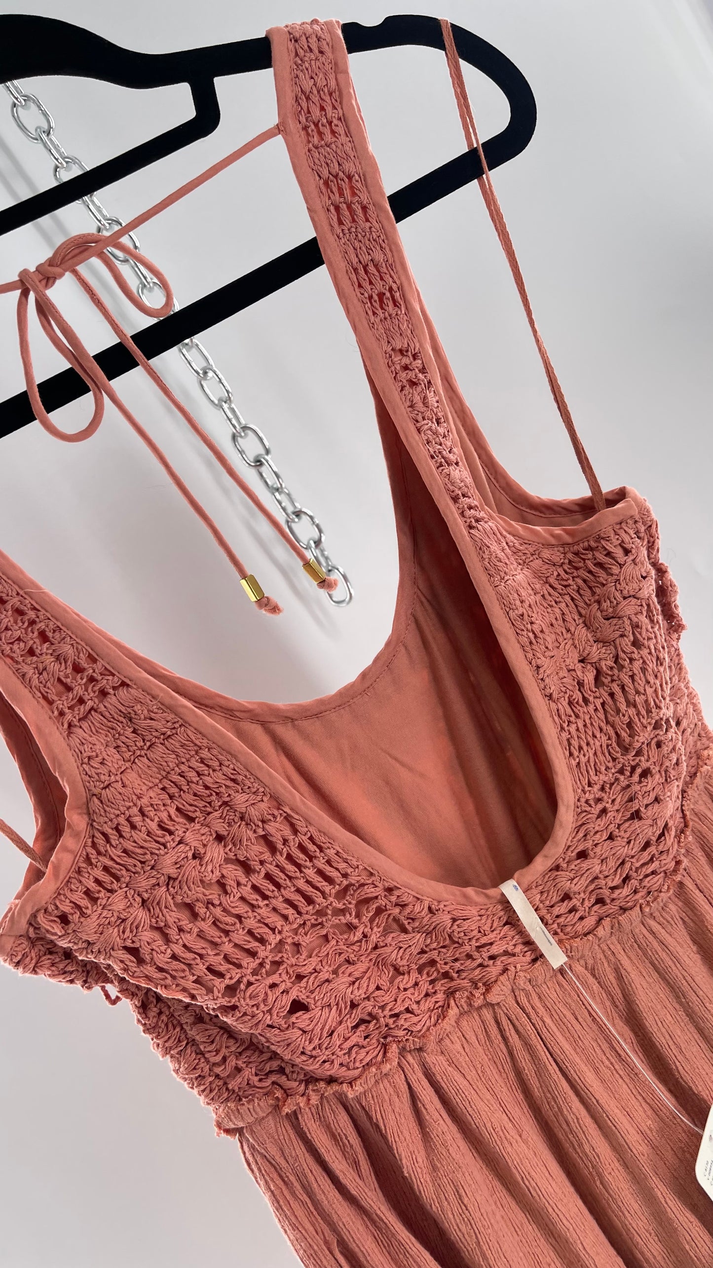 Free People Rose/Peach Pink Wide Leg Jumpsuit with Crochet Bust and Tags Attached (XS)
