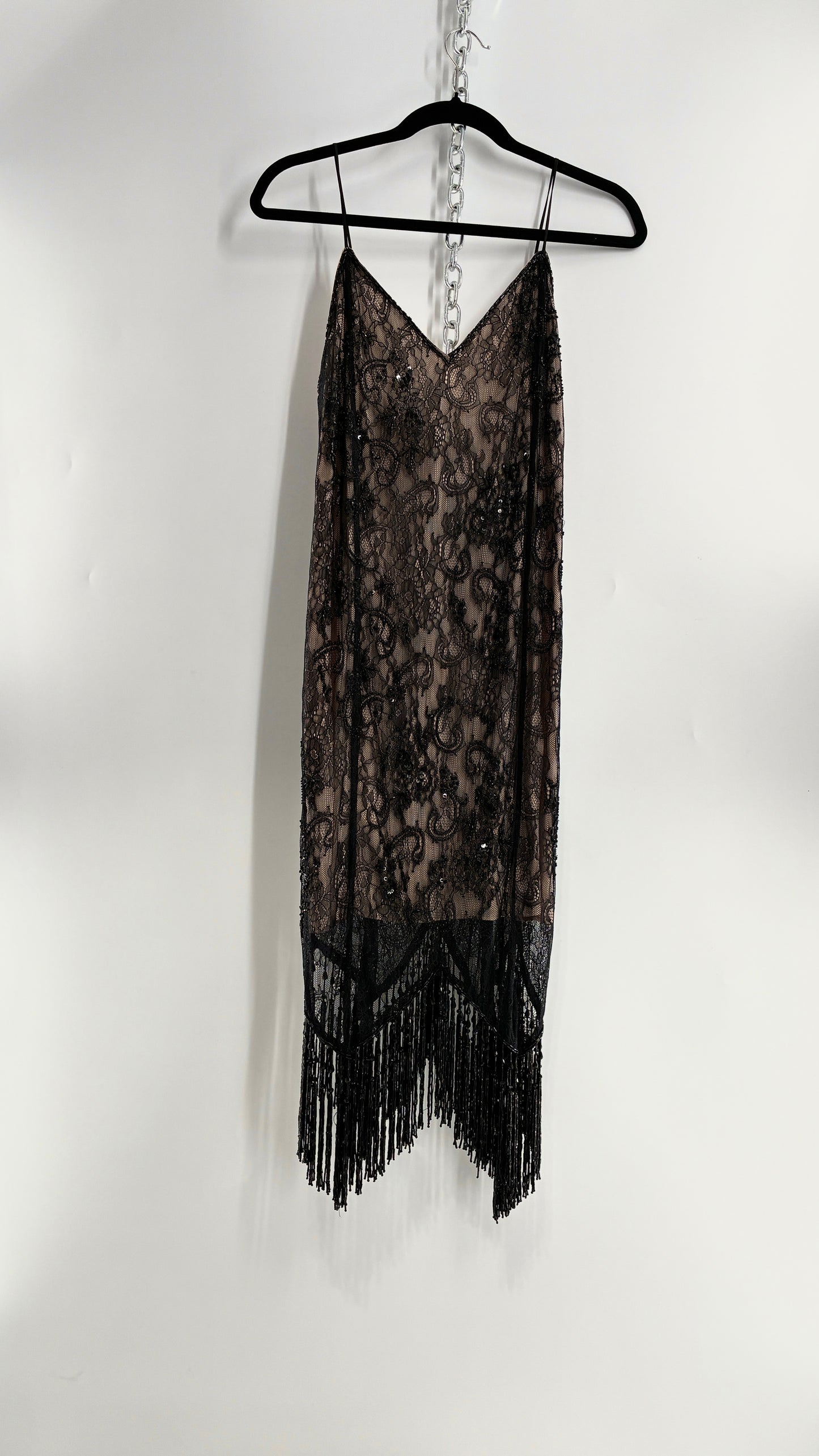Vintage Haute Hippie Black Lace Nude Underlay Dress with Pointed Heavily Beaded Fringe Hem (2)