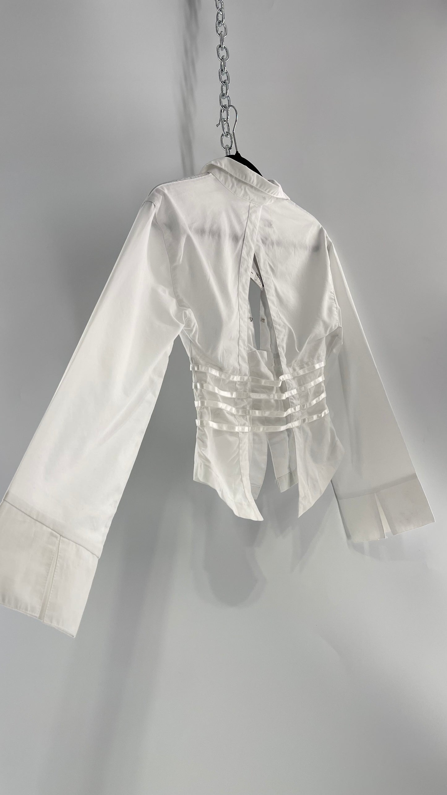 Urban Outfitters Bell Sleeve White Collared Blouse with Strappy Waistline and Open Back (Small)