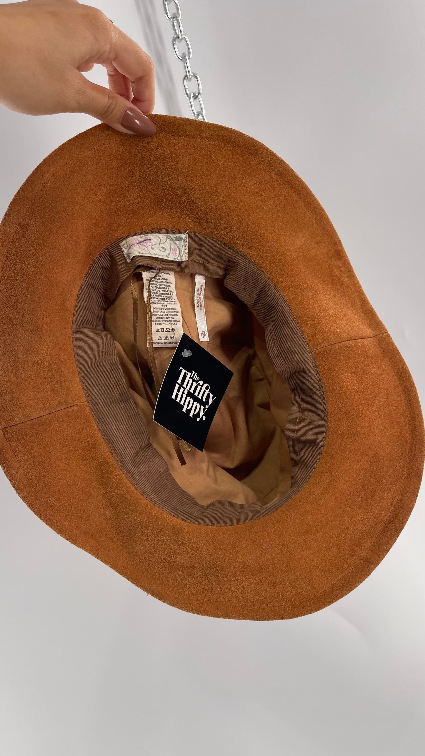 Free People Burnt Orange Suede Genuine Leather Sun Hat with Braided Belt