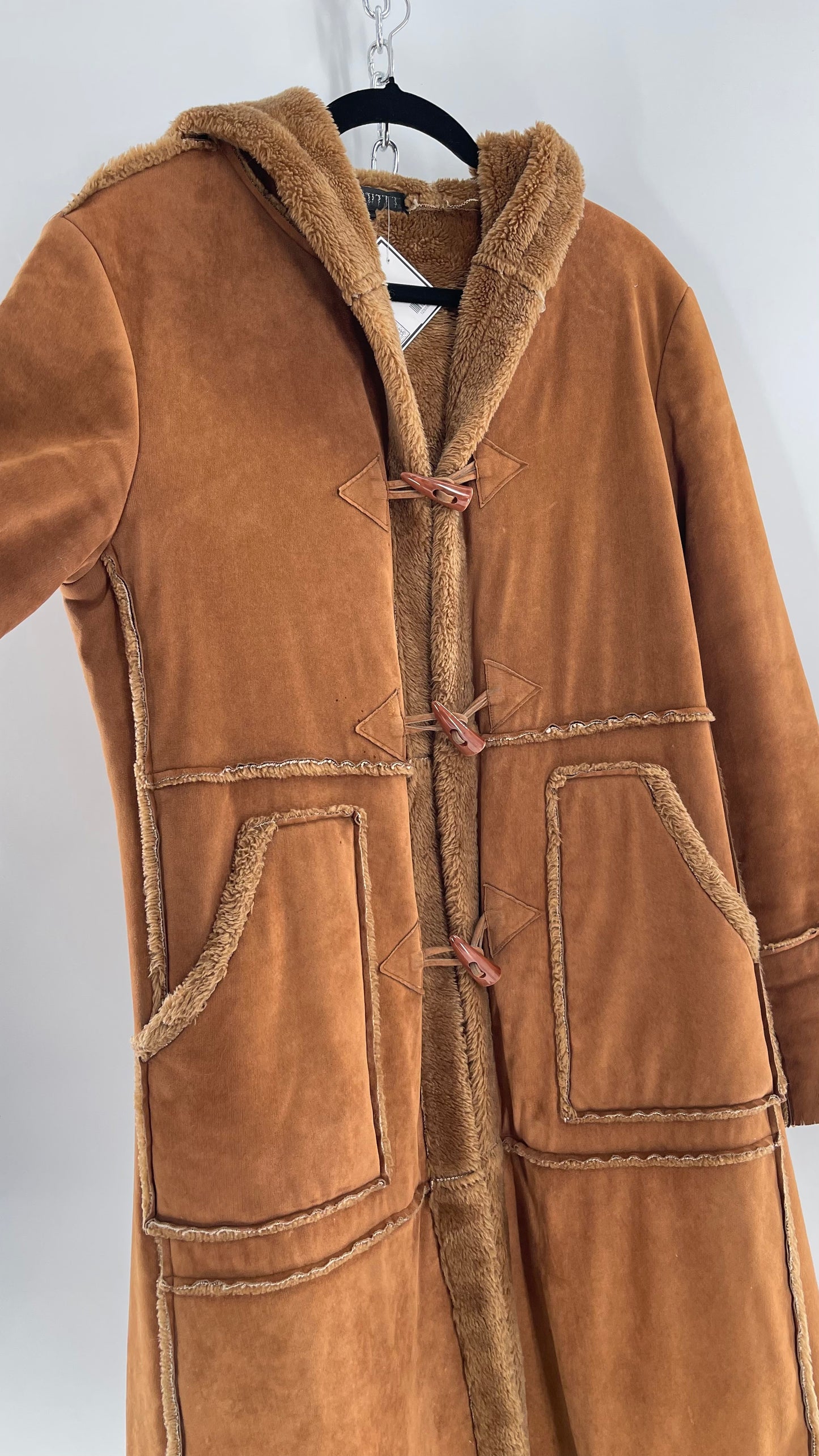 Vintage Faux Suede Long Hooded Coat with Fur Trim/Piping (C)(Medium)