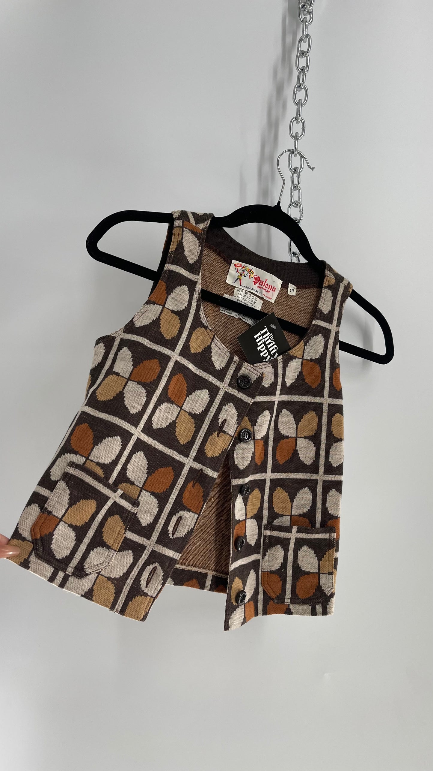 Vintage 1970s Palena Knitwear Brown, 95% Wool Cropped Button Front Pocketed Vest Top (Small)