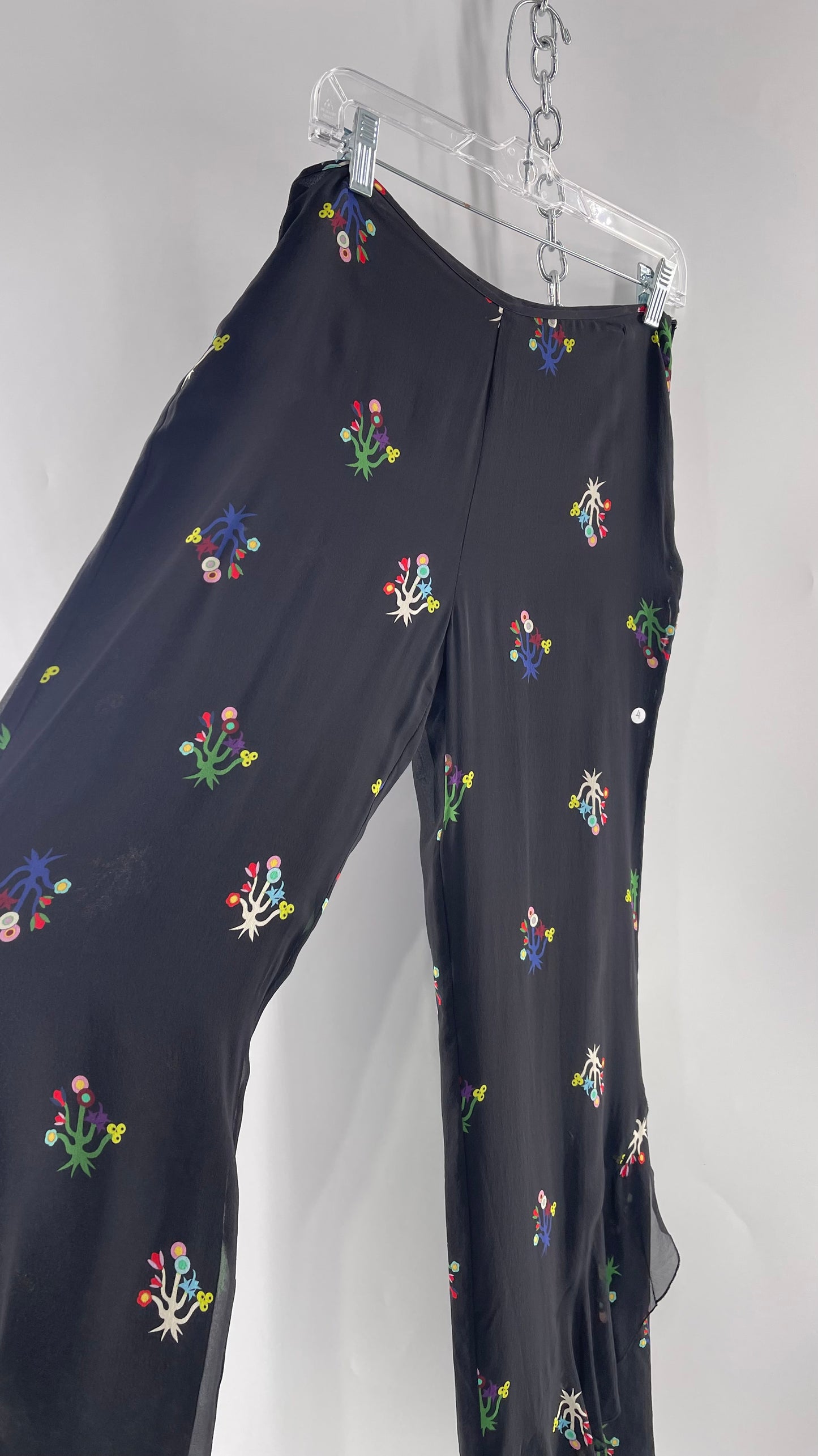 Cynthia Rowley Black Flared Pants with Colorful Abstract Florals, Dual Lining and Ruffle Trim (4)
