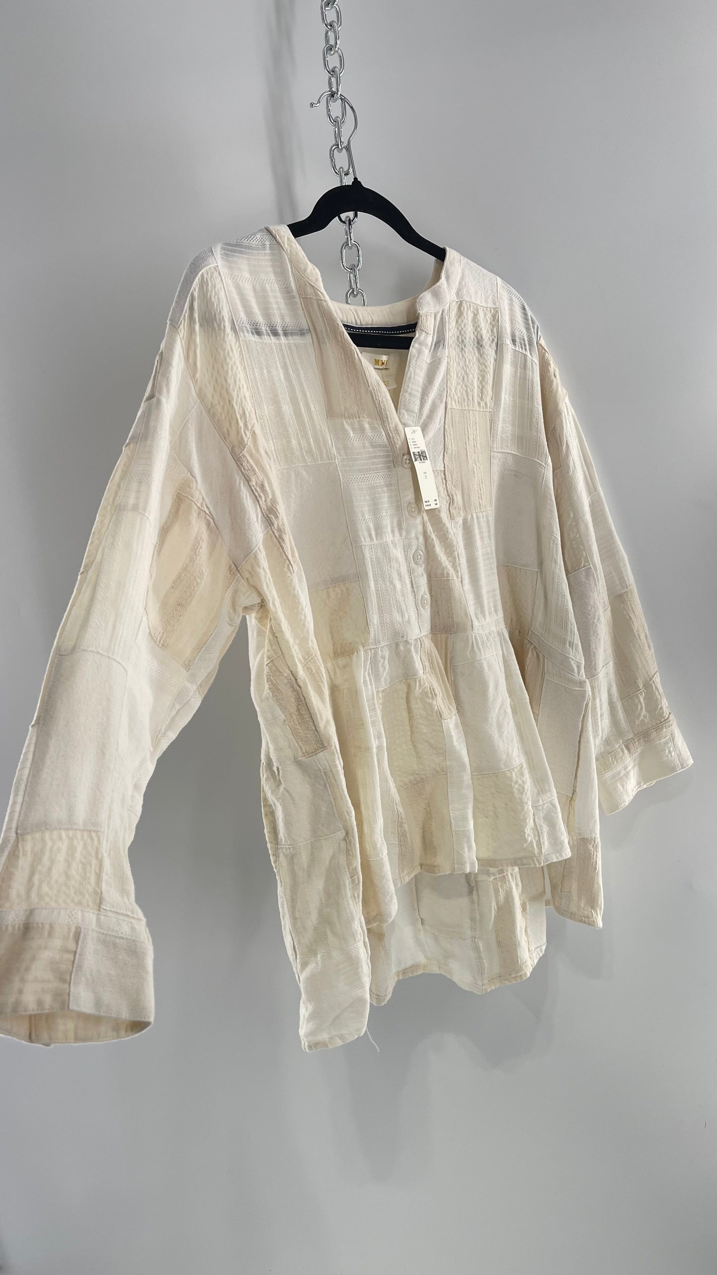 Anthropologie Patchwork Off White Voluminous Blouse with Tags Attached (Small)