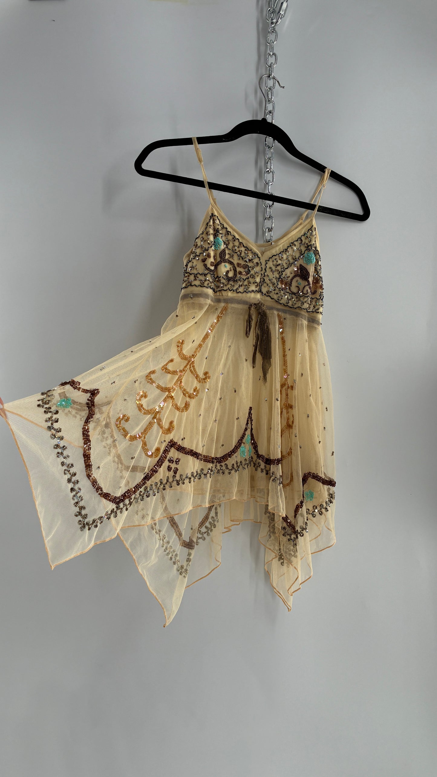 Handmade Beige Handkerchief Camisole with Hand Beaded Details (XS)