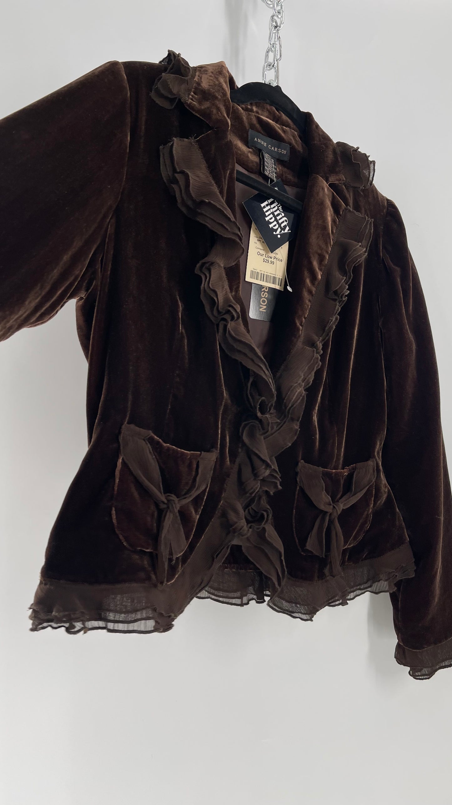 Deadstock Vintage Brown Velvet Anne Carson Blazer with Delicate Crepe Ruffled Hem and Bow Pockets (Medium)
