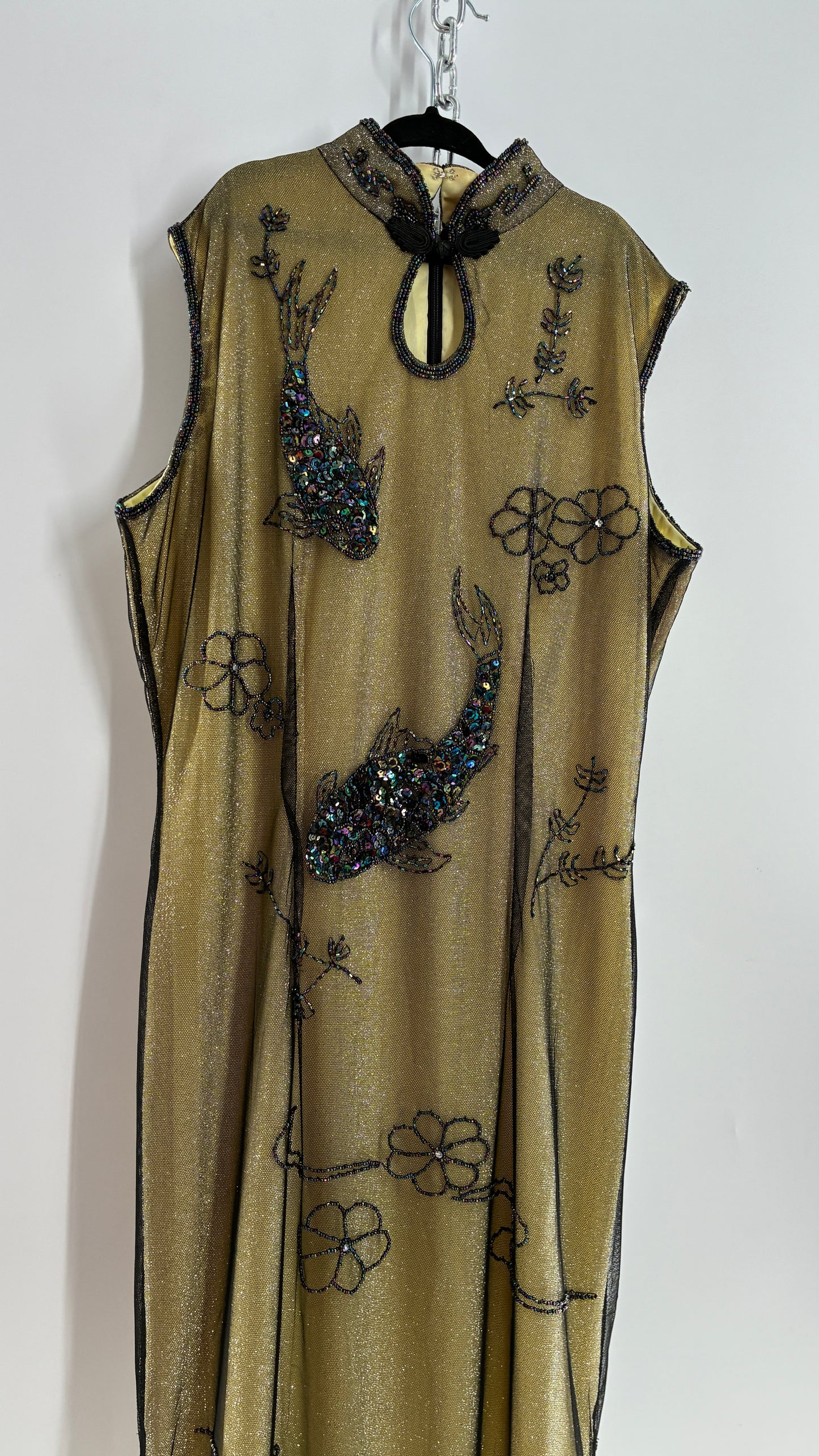 Vintage 1990s One of a Kind Handmade, Green Gown with Beaded Koi Fish, Metallic Tulle Overlay, and Symmetric Back (Medium)
