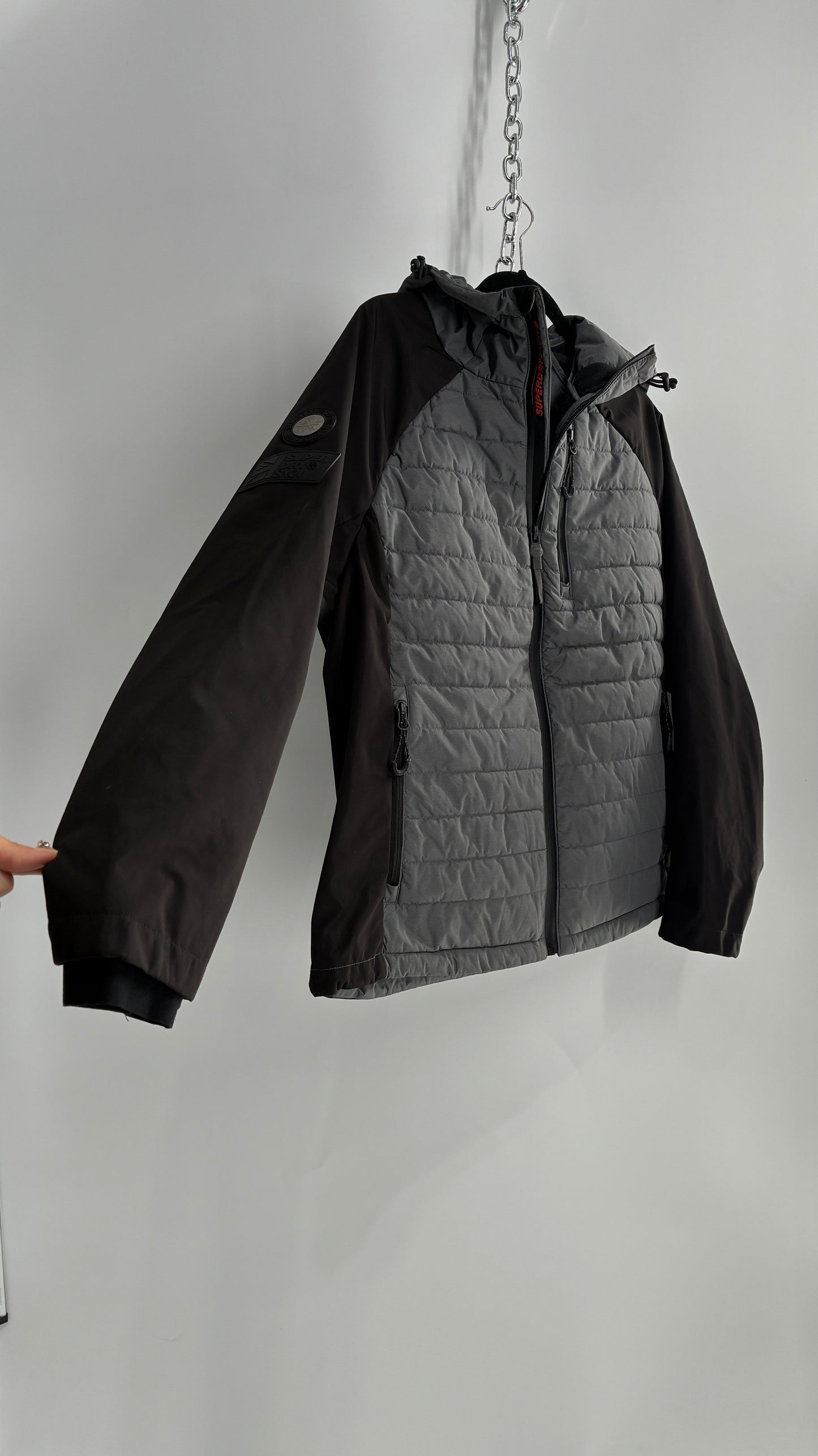 Super Dry Black and Grey Puffer Winter Jacket (Large)