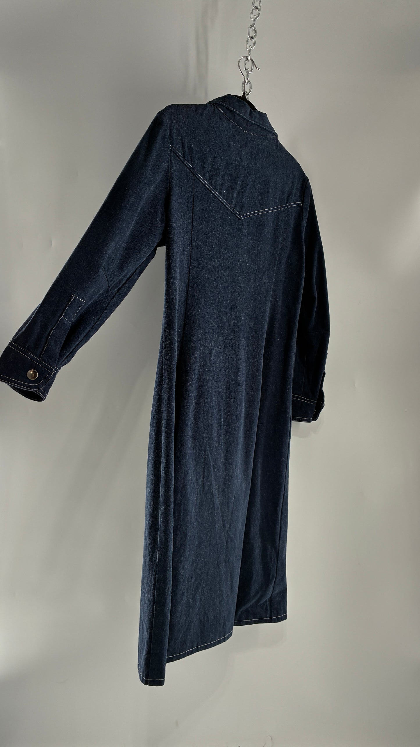 Vintage Dark Wash Denim Long Sleeve Collared Midi Dress with Contrast White Stitching (M/L)