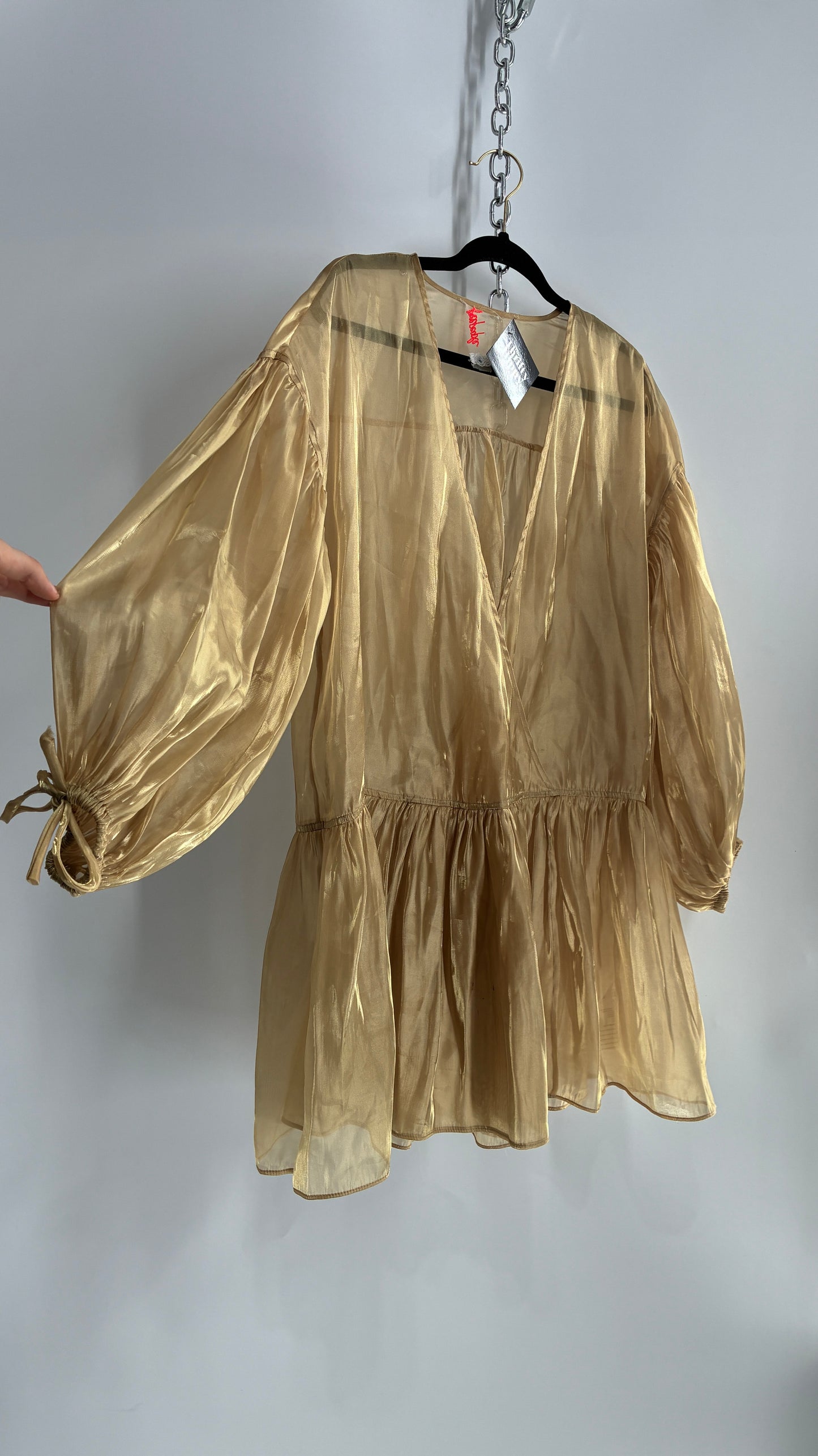 Free People Gold Voile Organza Drop Waist Bubble Sleeve Dress (Medium)