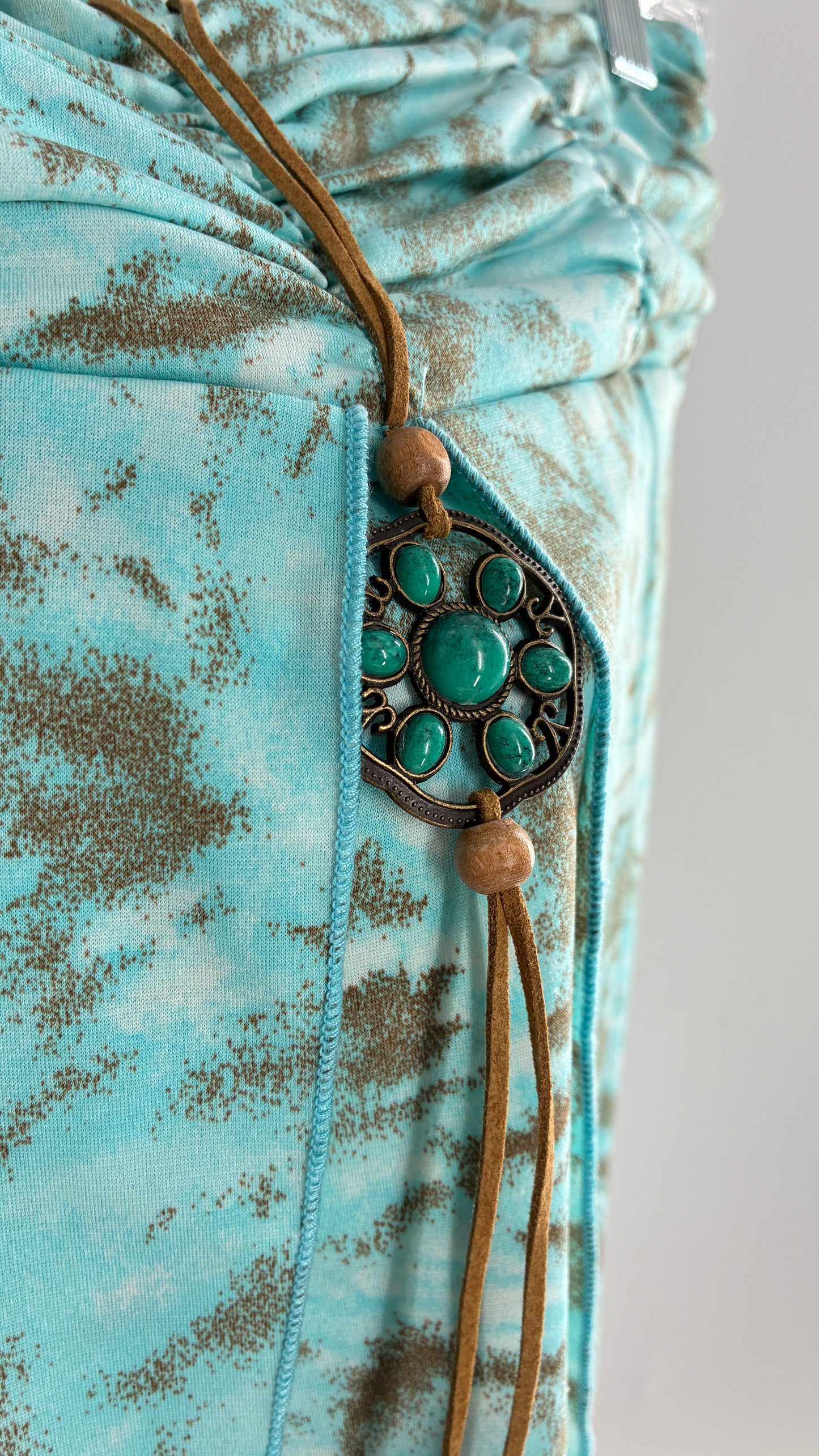 Vintage VENUS Turquoise Handkerchief Hem, Vented Tube Top with Stone Buckle and Choker Detail (M)
