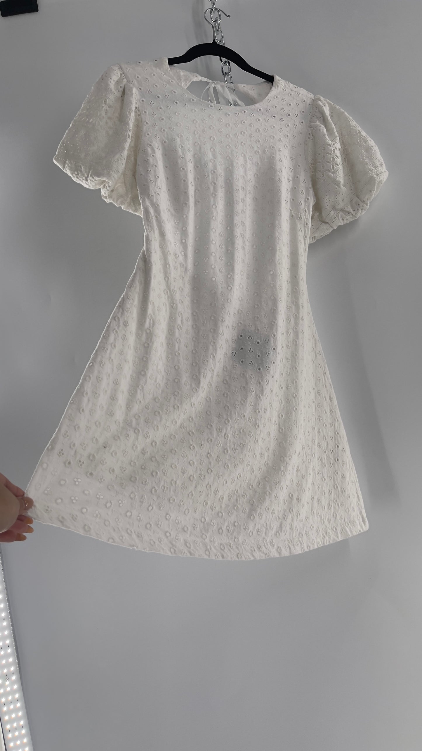 Free People White Eyelet Mini Dress with Puff Sleeve and Open Back (XS)