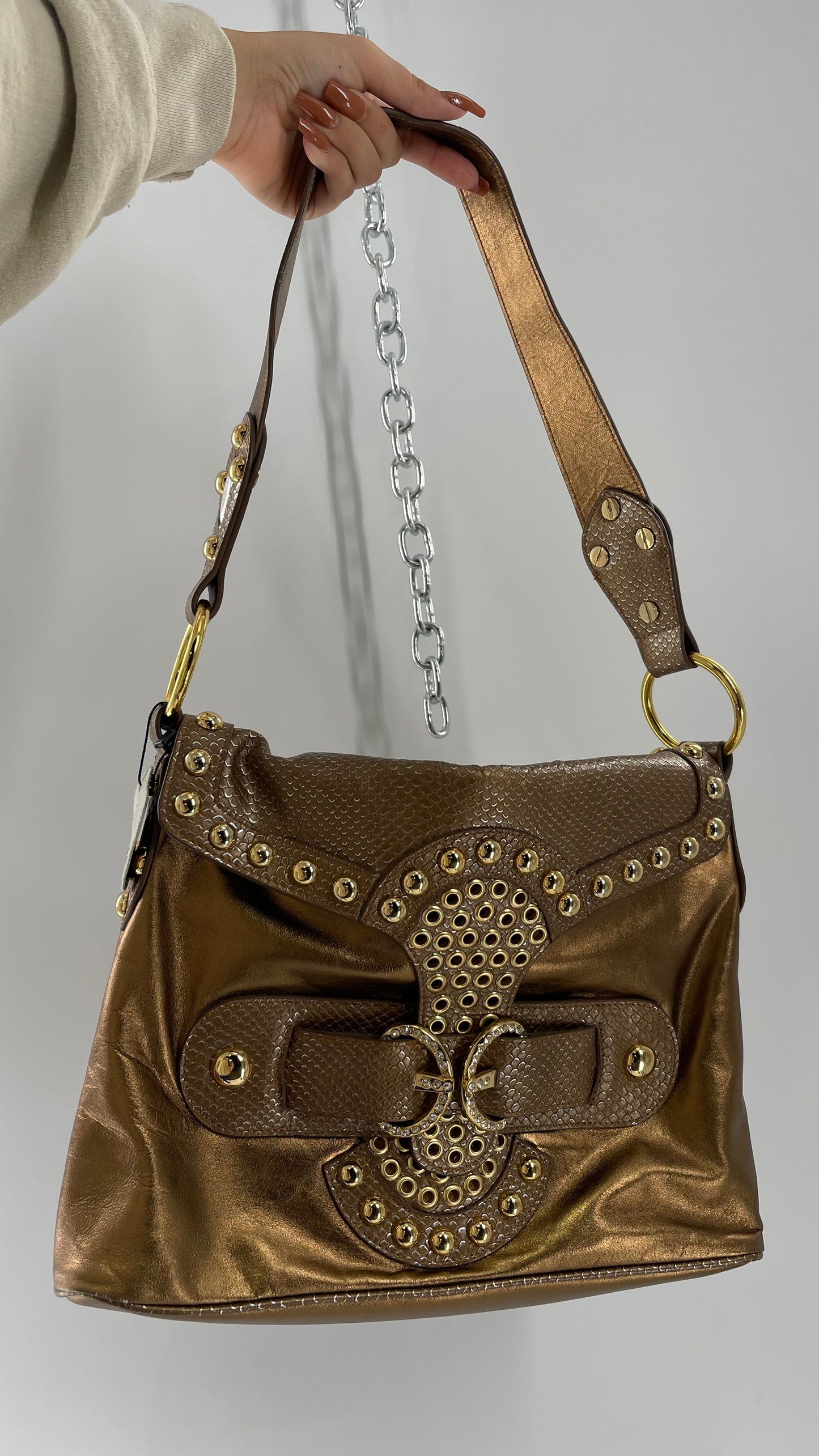 Deadstock Vintage The Find Grandeur Bronze Bag with Grommets, Gemstones, Studs and Exaggerated Buckle