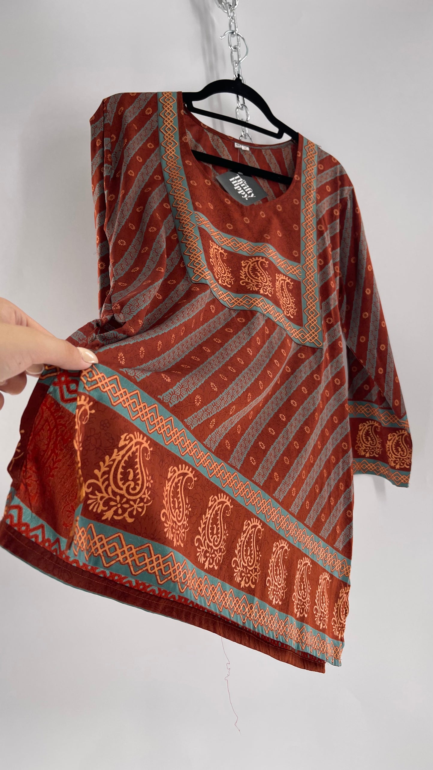 Vintage 1970s Indian 100% Silk Tunic Burnt Orange, Teal and Gold (40)