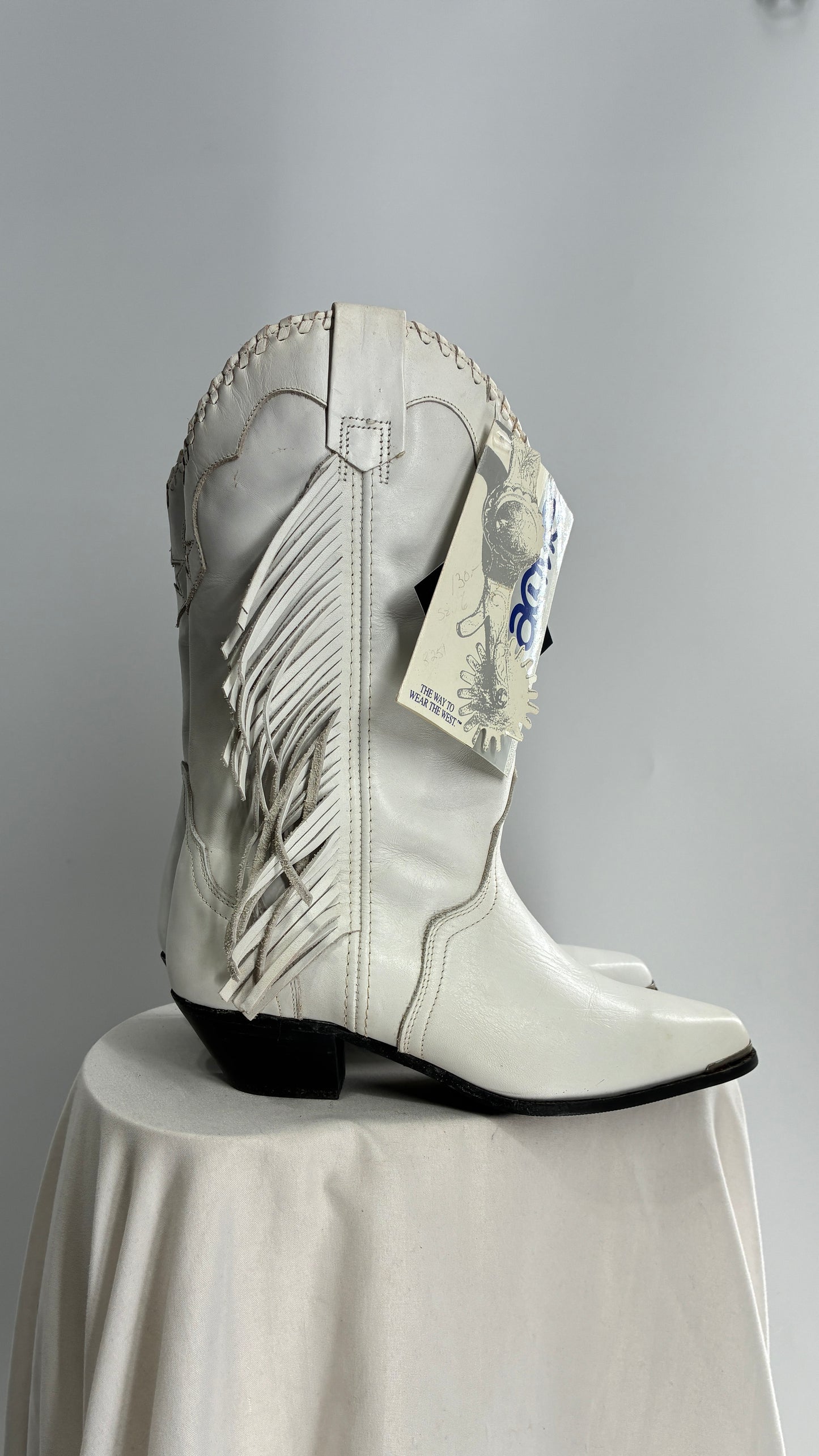 Deadstock Vintage ACME White Cowboy Boots with Braided Cuff, Fringe Sides(6)