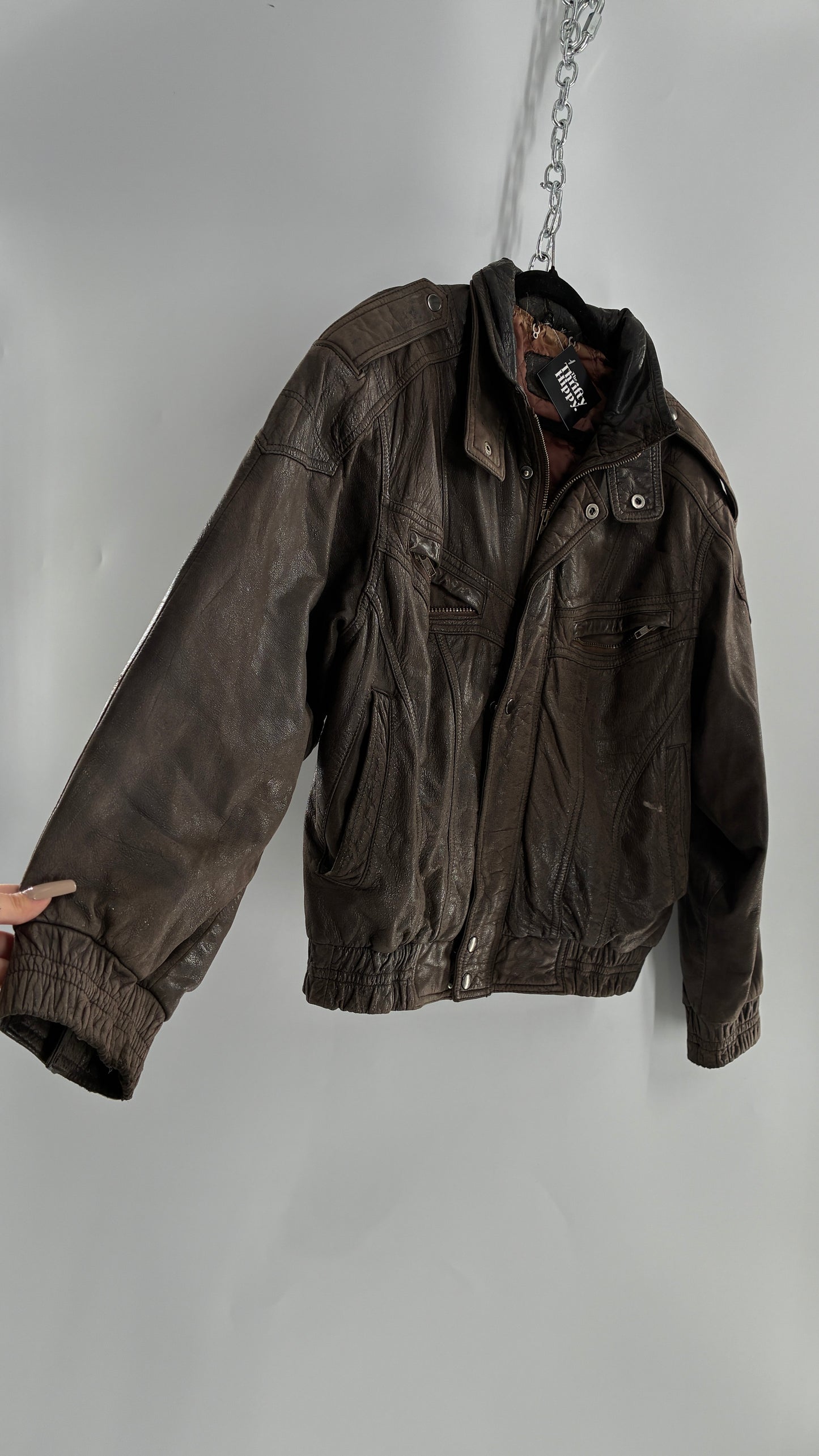 Vintage SAXONY Distressed Leather Bomber Jacket (Medium)