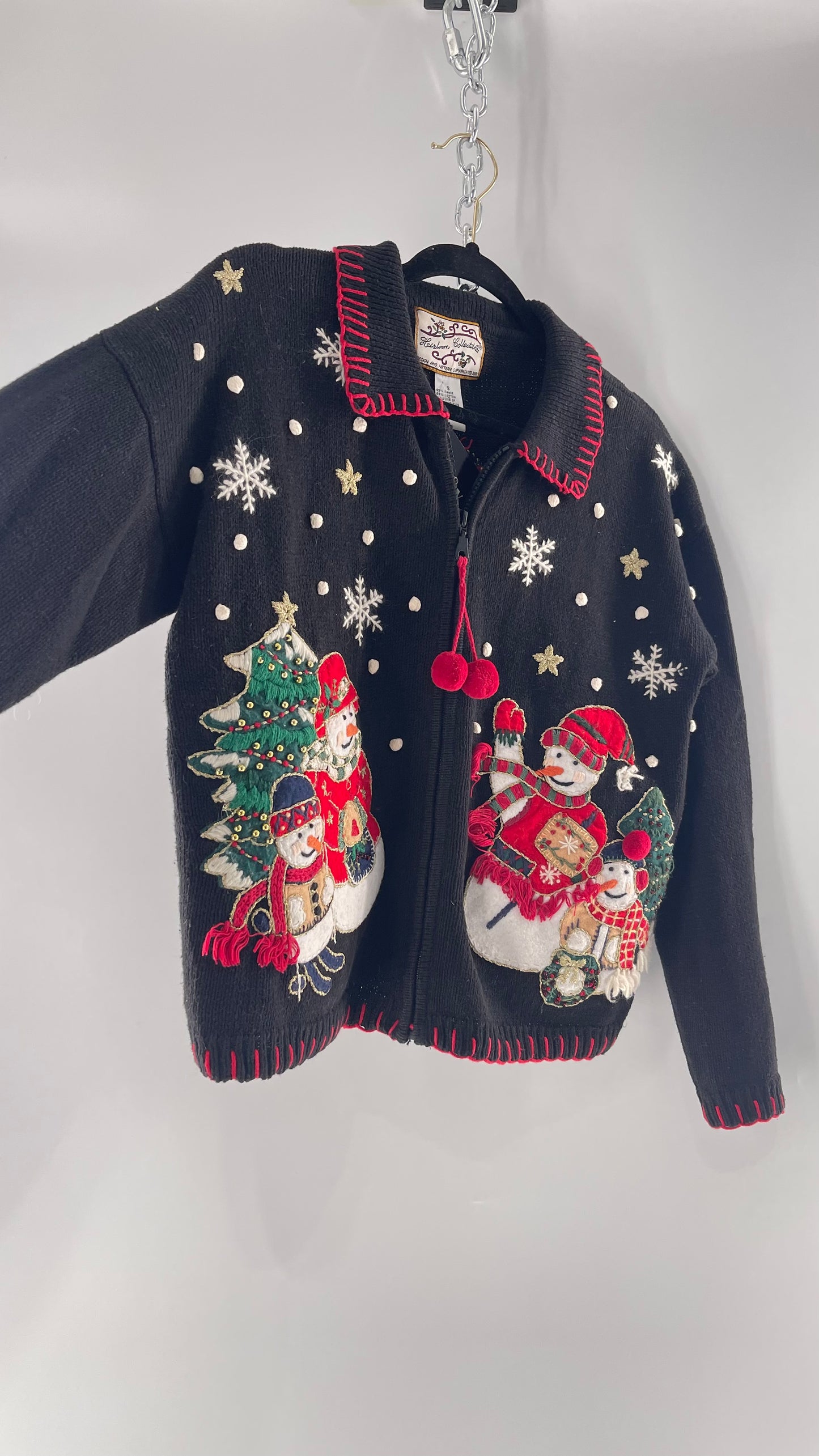 Vintage Reworked Urban Outfitters Heirloom Christmas Cardigan with Festive Snowmen Embroidery, Snowflakes, Christmas Tree and PomPom Zipper Detail (S)