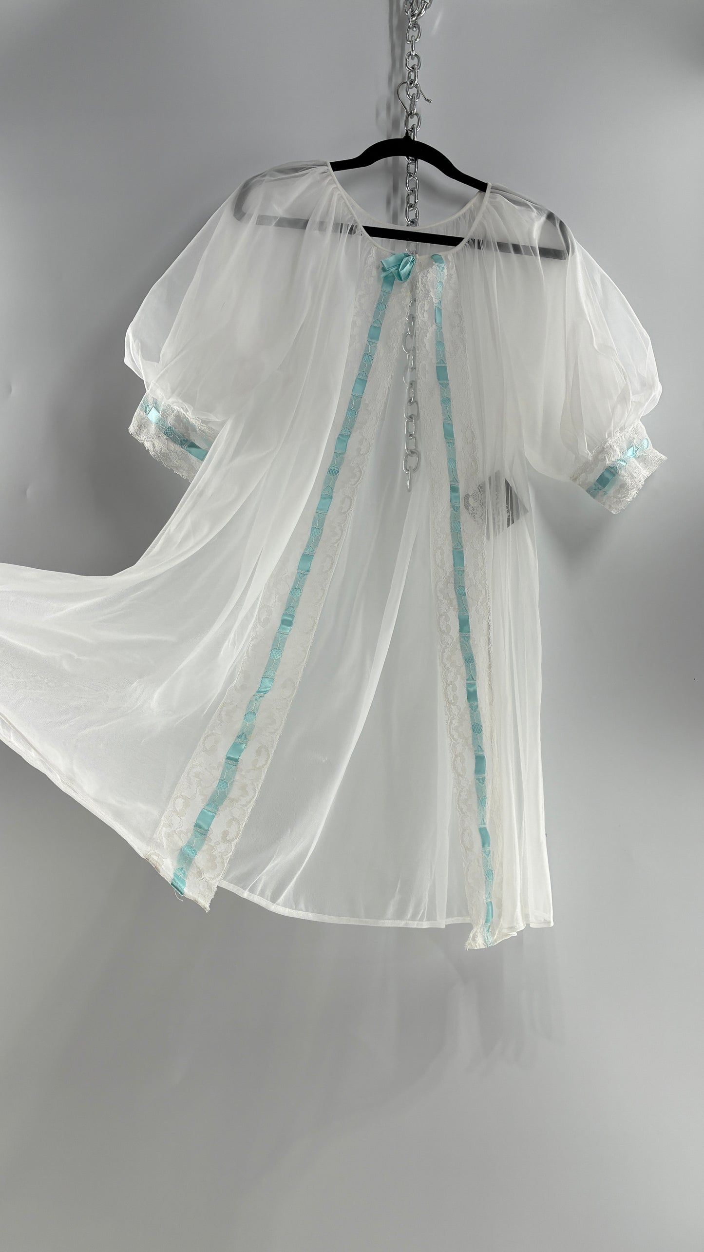 Vintage White Tulle Dress Cape with Oversized Puff Sleeves, Lined with Lace and Baby Blue Ribbon Trim (Medium)