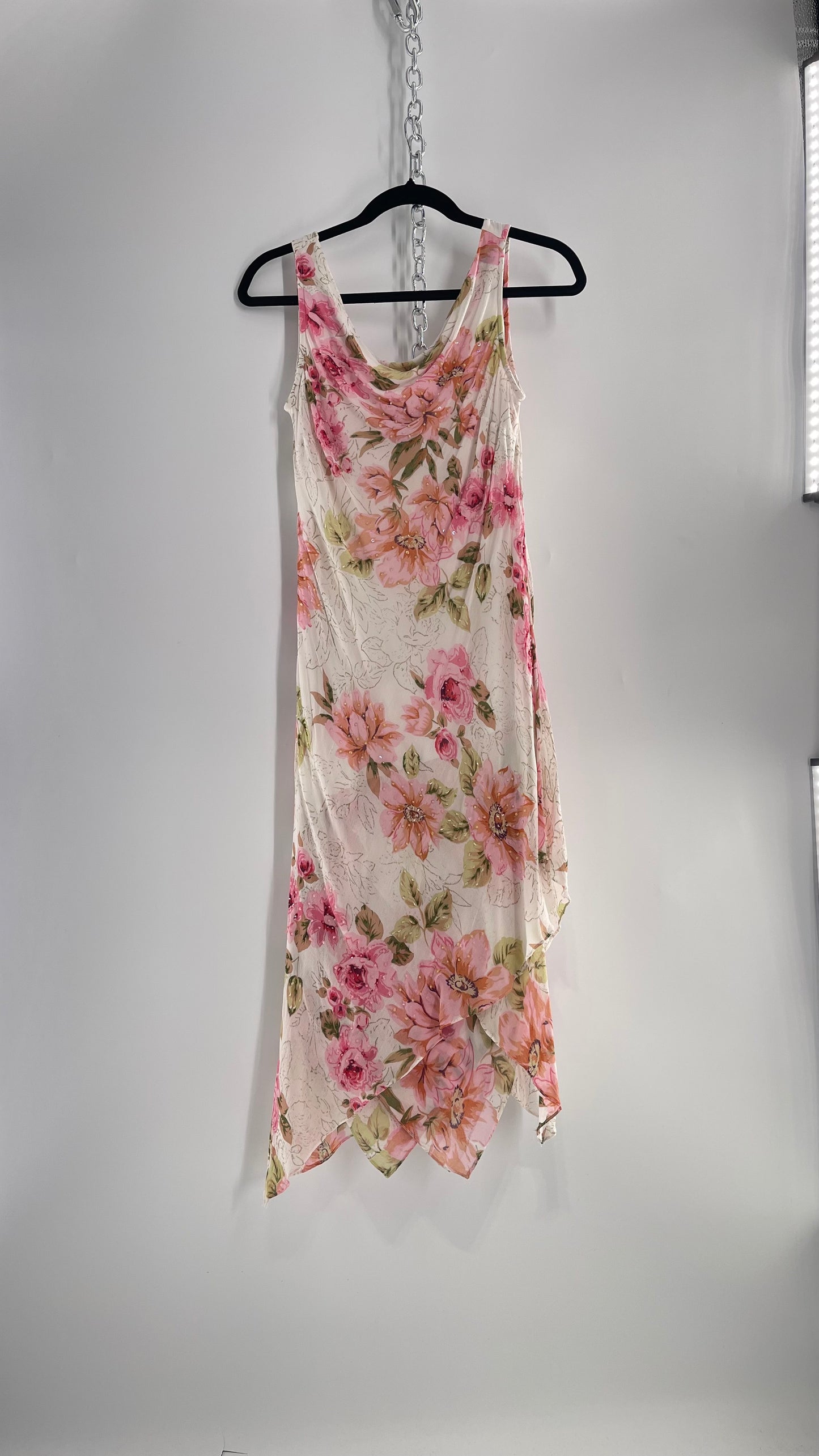 Vintage Eva Blue Pink Floral Draped Neck Sleeveless MIDI with Beading (10)