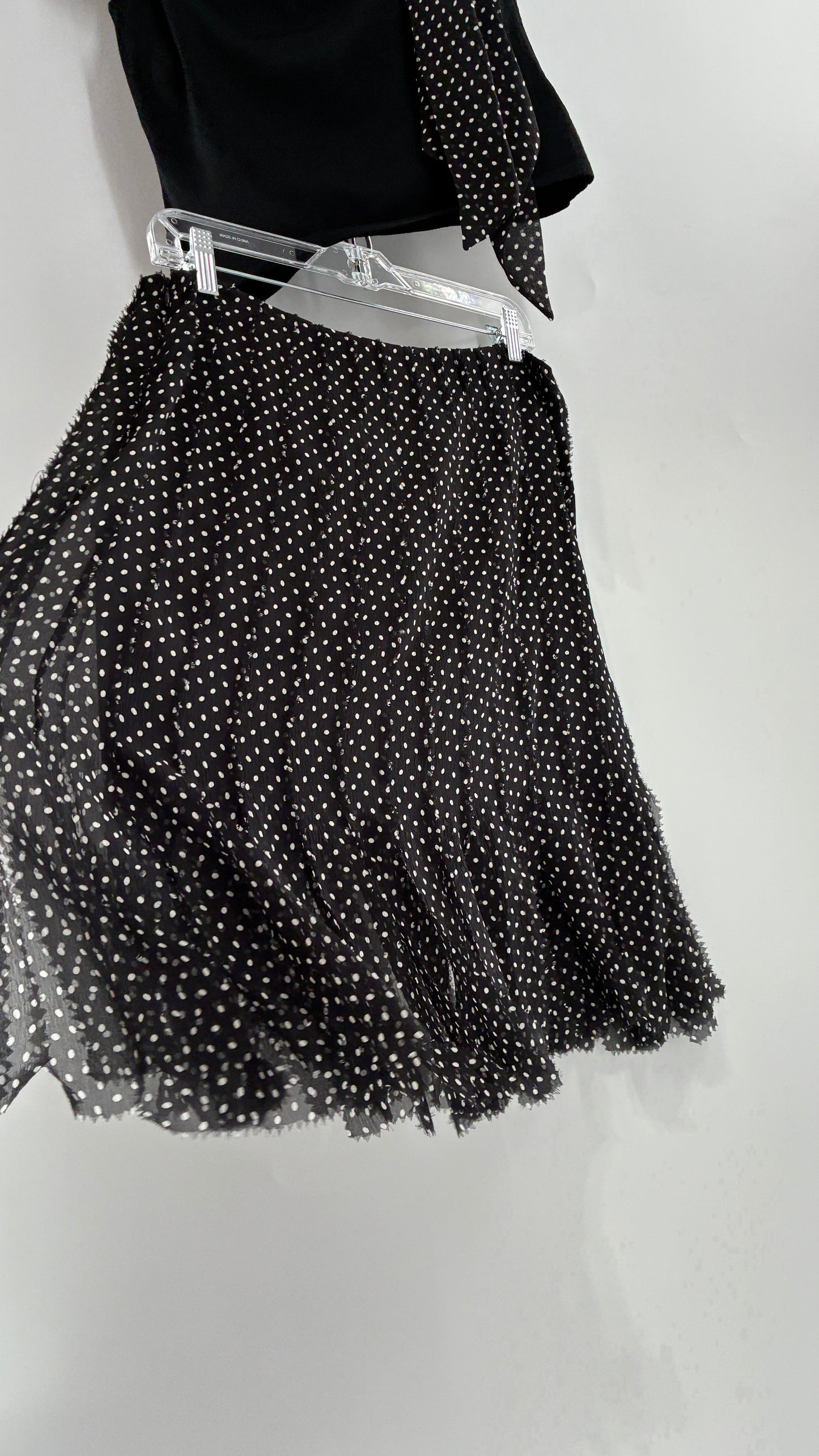 Vintage DANA BUCHMAN 100% Silk Polka Dotted Fringe Skirt and Off the Shoulder Top (Medium)